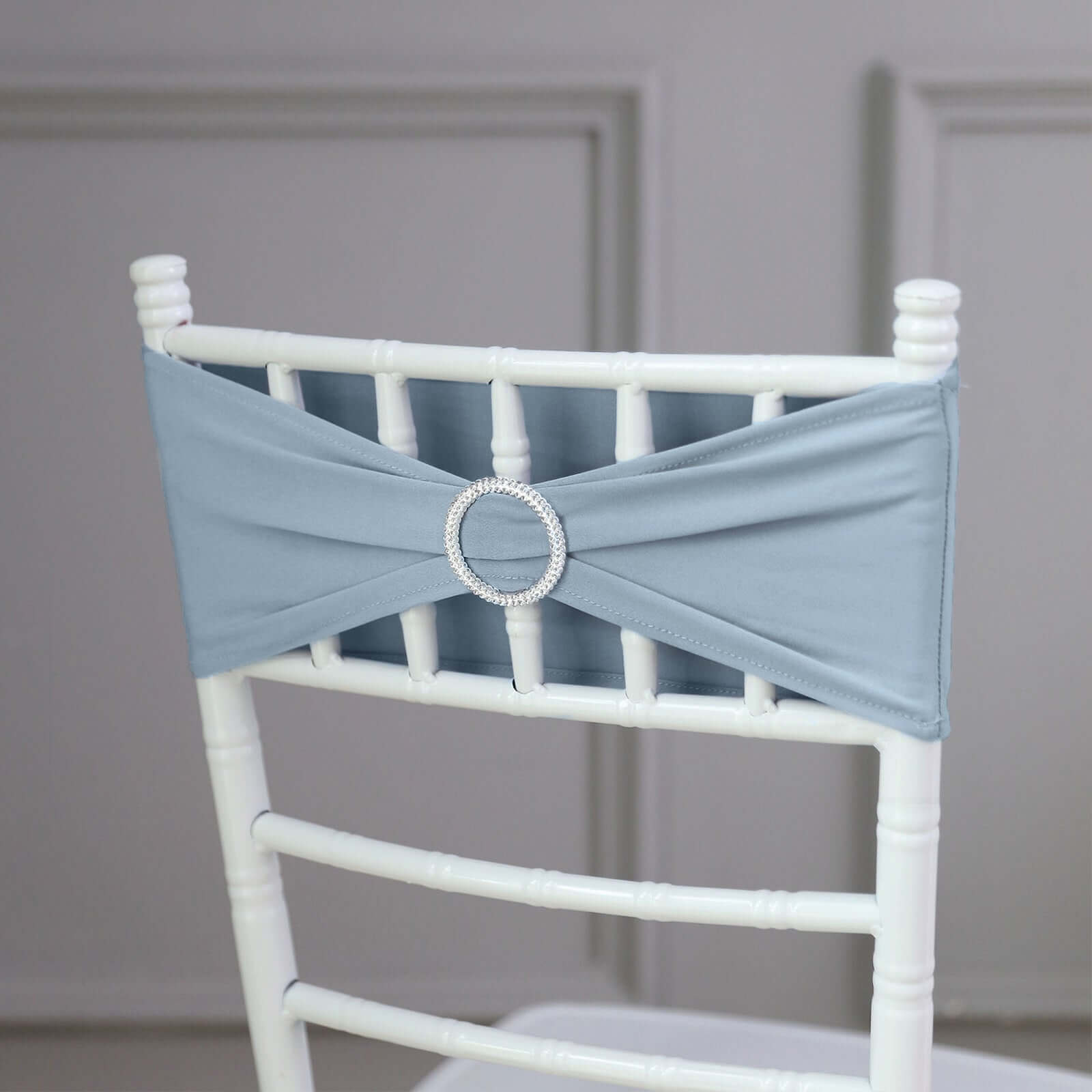 5 Pack Stretch Spandex Chair Sashes Dusty Blue - Reusable Chair Bands with Silver Diamond Ring Slide Buckle 5x14