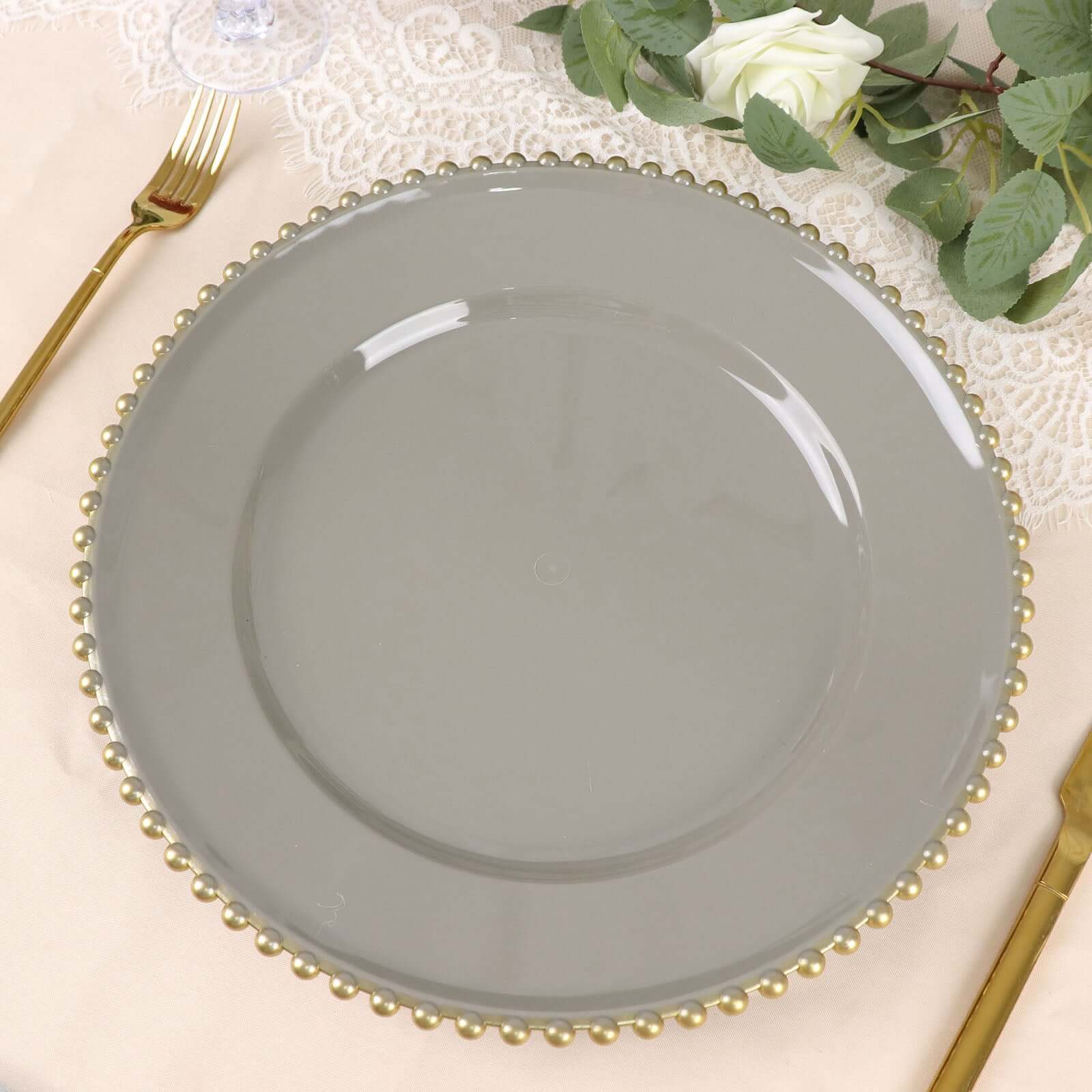 6-Pack Acrylic Round Charger Plates 13 in Charcoal Gray with Gold Beaded Rim, Decorative Dinner Party Charger Tableware