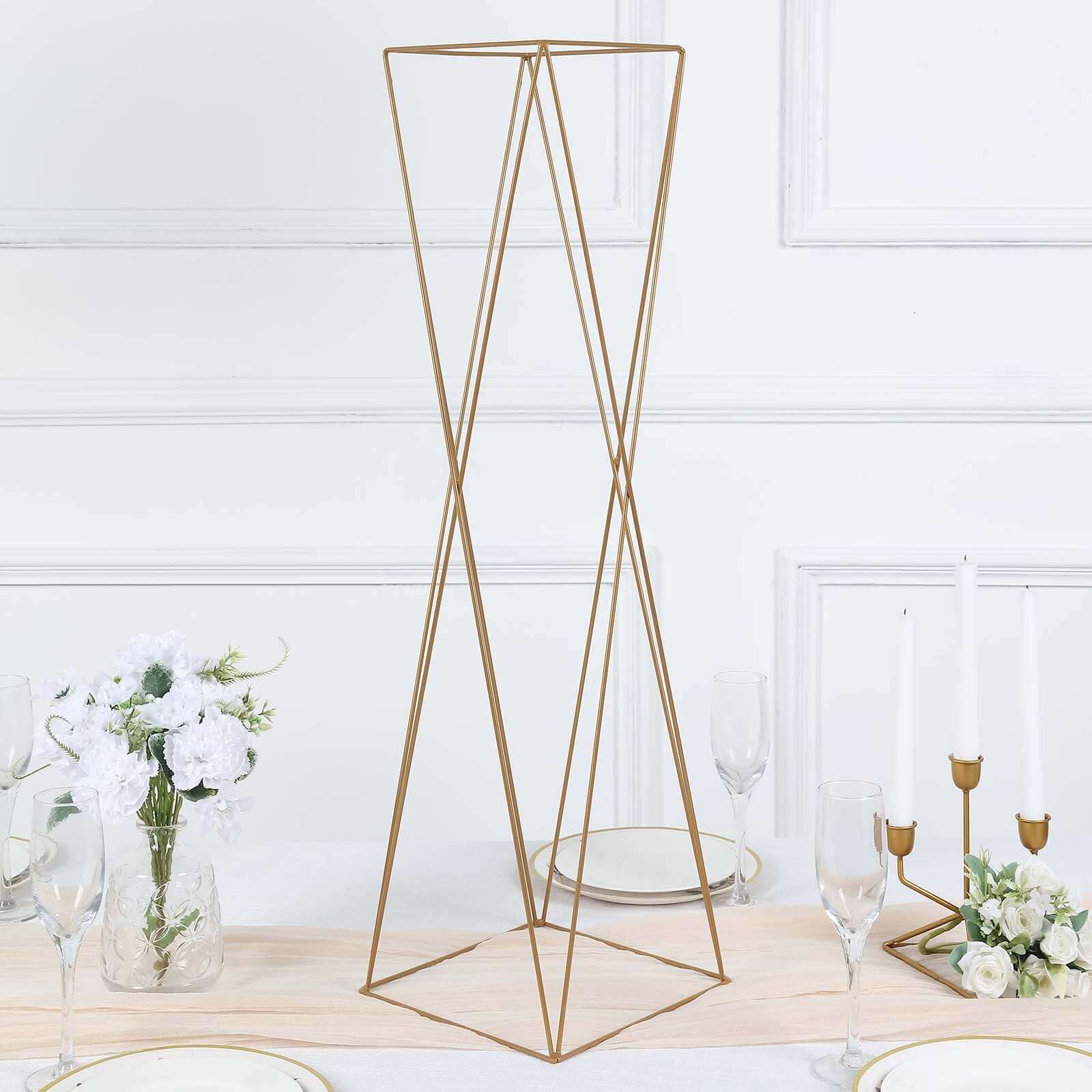 2-Pack Wedding Centerpieces Metal Geometric Crisscross Design Gold - Open Column Pedestal Stands 32