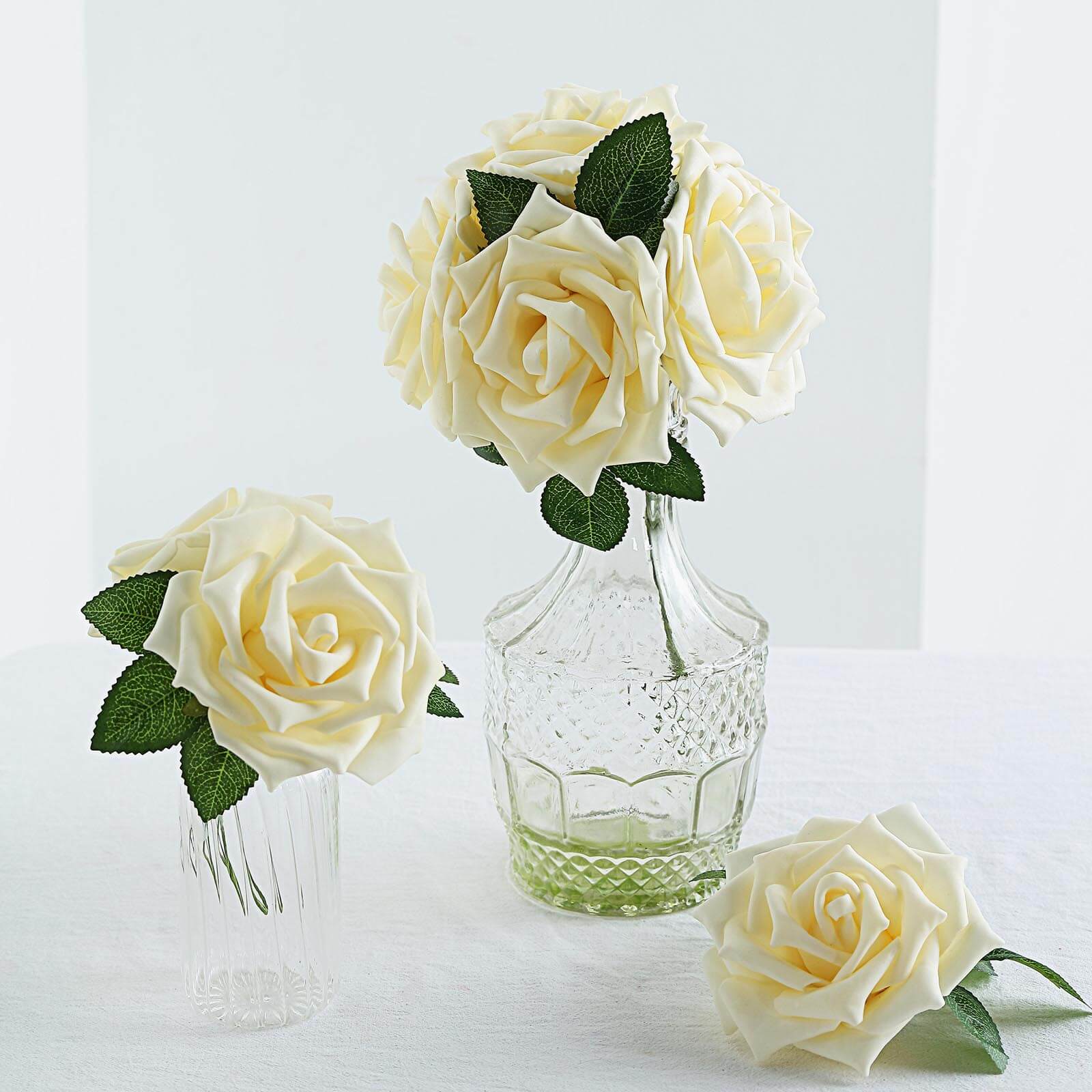 24 Roses 5 Cream Artificial Foam Flowers With Stem Wire and Leaves