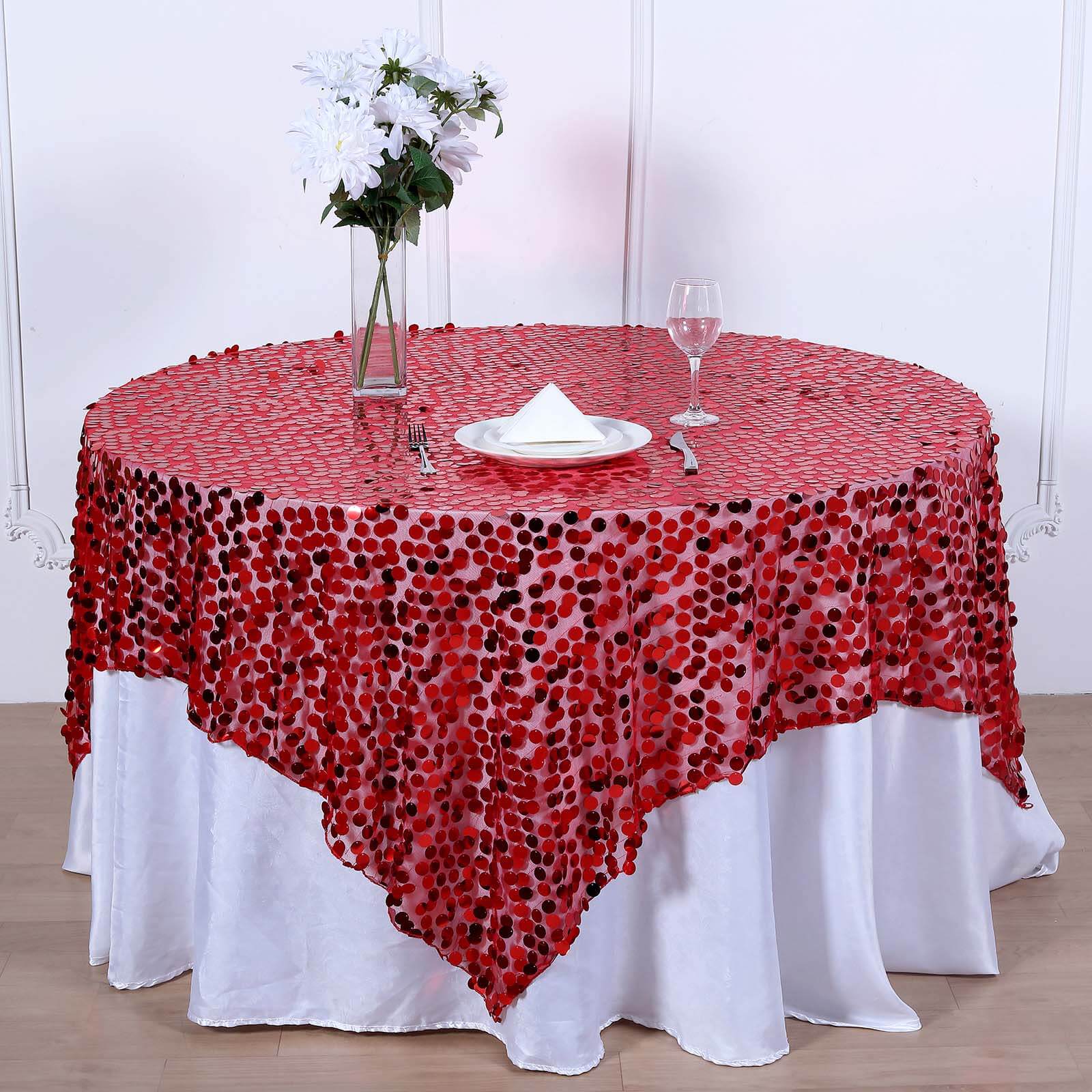 Sequin 72x72 Table Overlay Square Tablecloth Red - Big Payette Table Cover