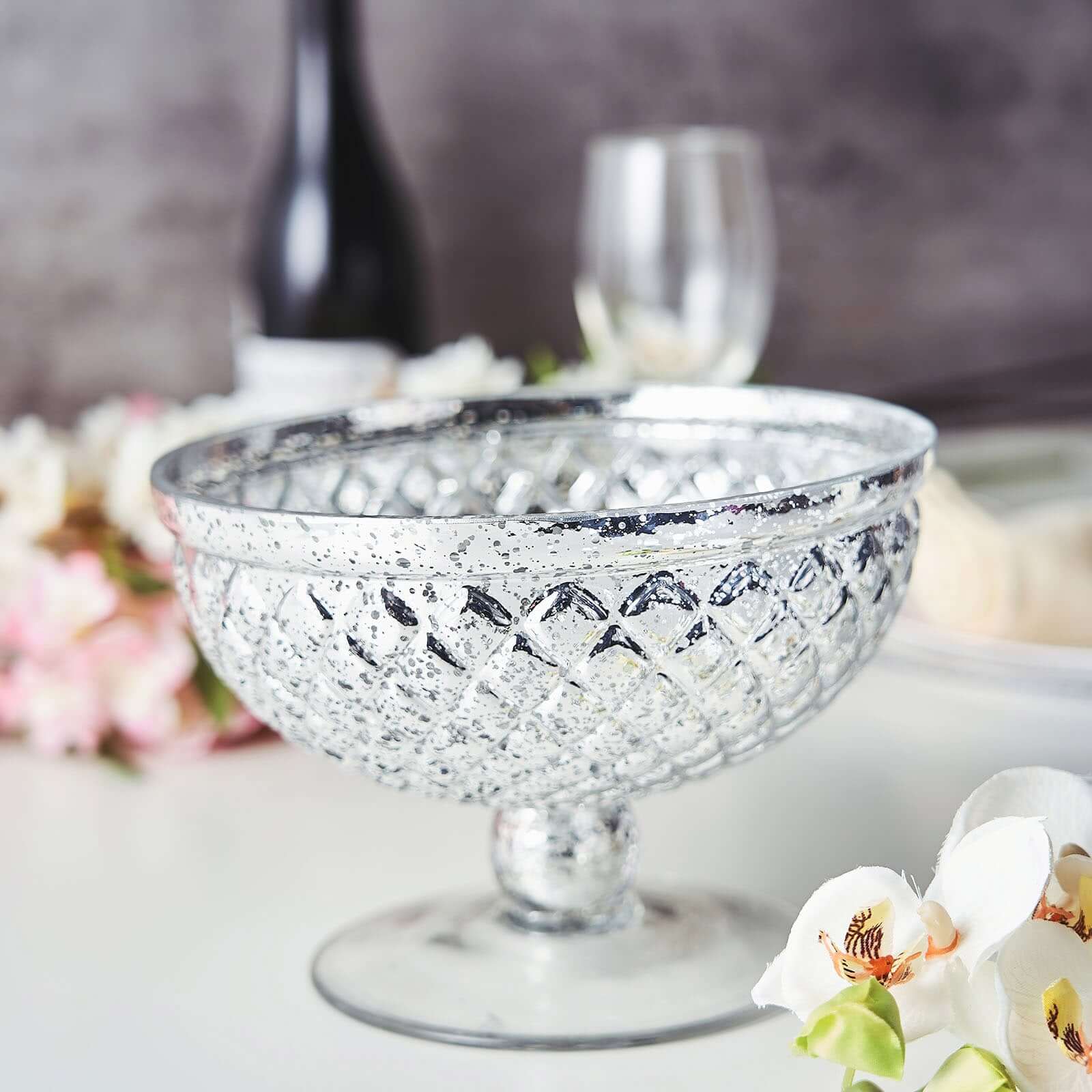 Mercury Glass Pedestal Bowl Vase Compote Style Silver - Sophisticated Floral Table Decor for Events 8