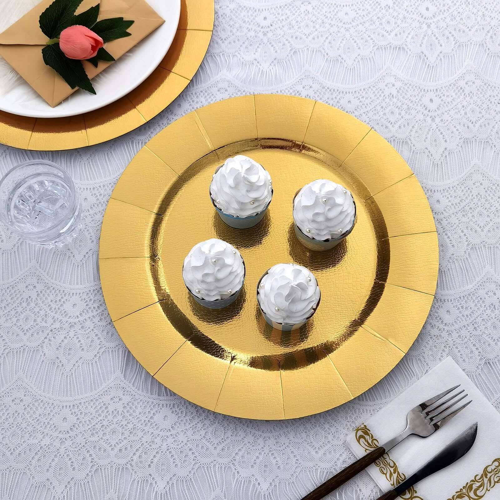 10-Pack Disposable Round Charger Plates in Gold with Leathery Texture - Durable 1100GSM Cardboard Placemats 13