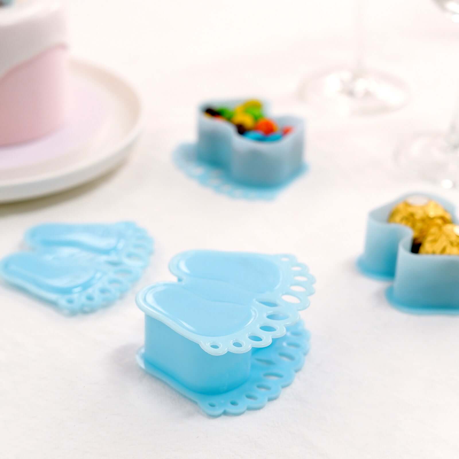 12-Pack Fillable Mini Candy Container in Baby Feet Style Clear/Light Blue - Unique Candy Treat Favor Boxes for Baby Shower 3.5