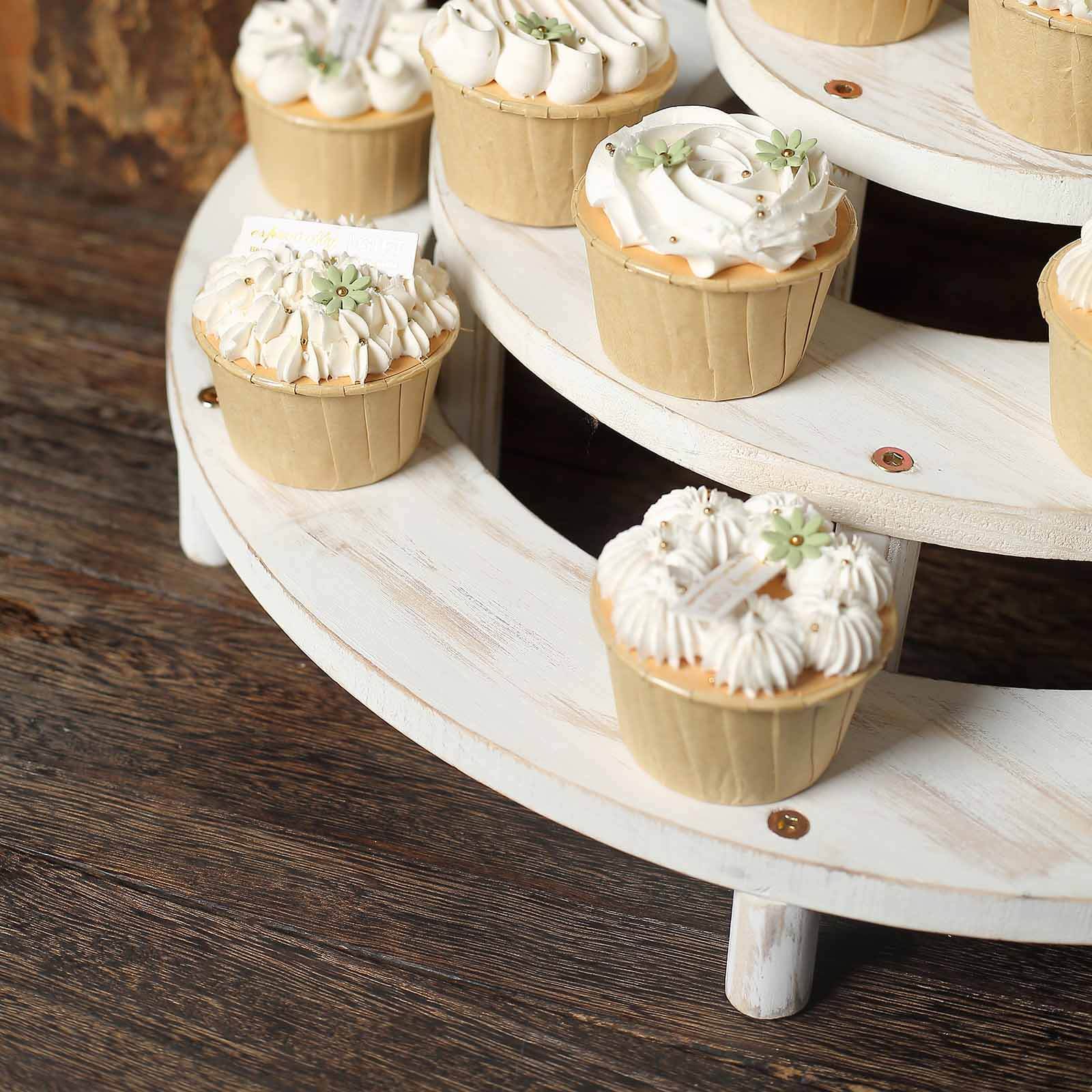 Set of 3 Wooden Dessert Pedestals Rustic Whitewashed 3-Tier Semicircle Design - Half Moon Cupcake Display Risers 7, 13, 18