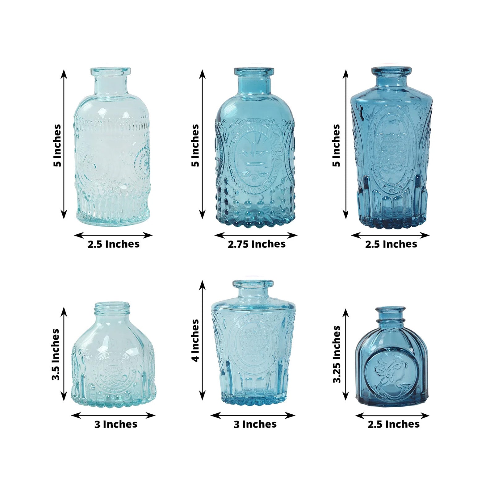 Set of 6 Embossed Glass Bud Vases Vintage Mixed Blue - Apothecary Style Decorative Table Centerpieces