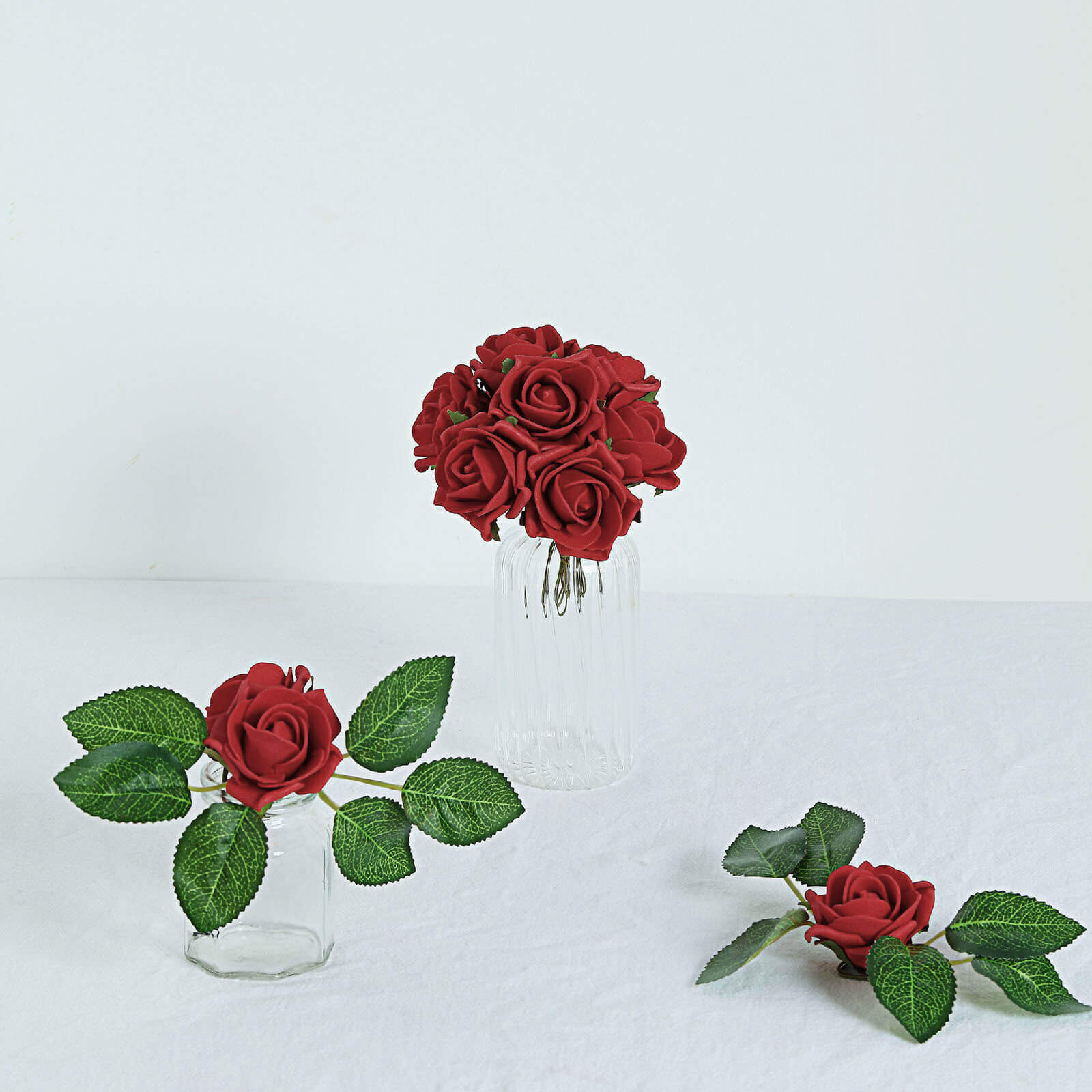 24 Roses 2 Red Artificial Foam Flowers With Stem Wire and Leaves