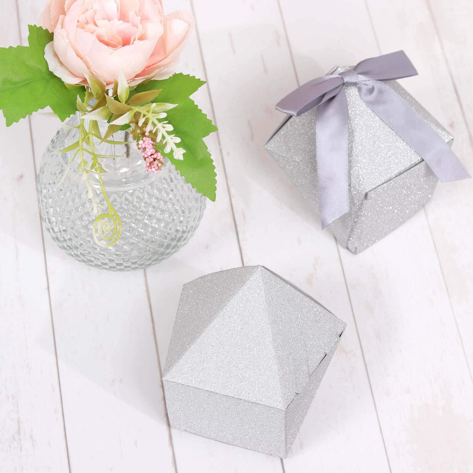 25 Pack 3x4 DIY Silver Glittered Geometric Wedding Favor Gift Box