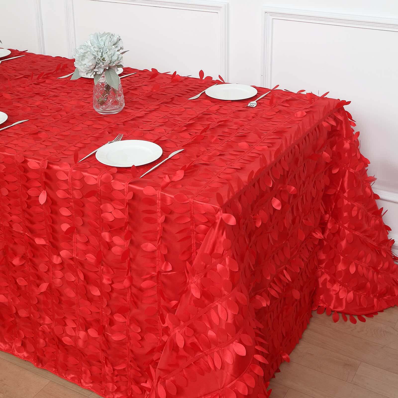 Taffeta 90x156 Rectangle Tablecloth Red | 3D Leaf Petal Design Seamless Table Cover