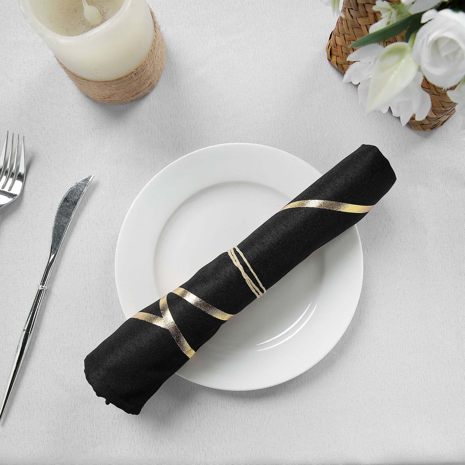 5 Pack Polyester 20x20 Napkins Black with Gold Geometric Foil Pattern - Modern Reusable Dinner Napkins