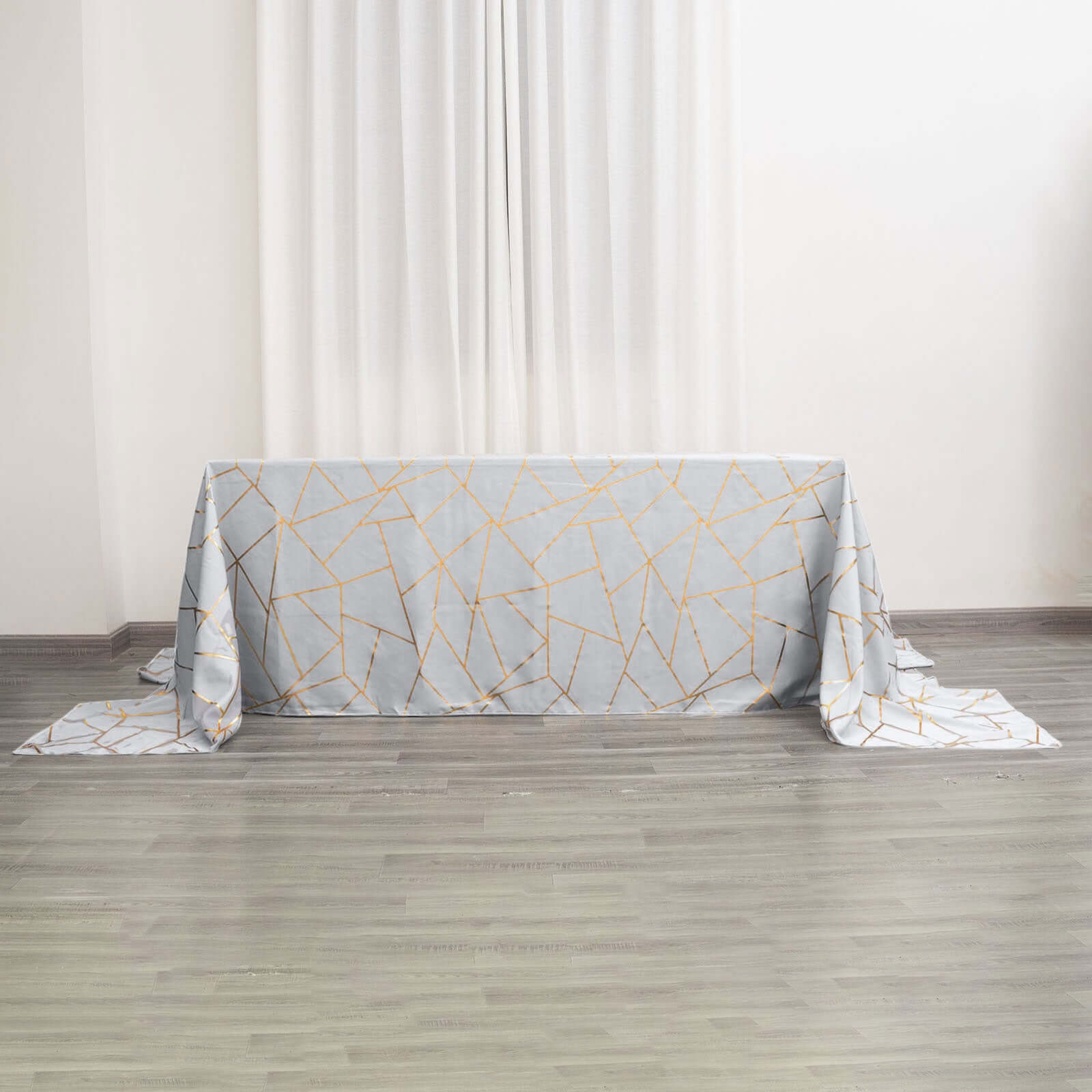 Polyester 90x156 Rectangle Tablecloth Silver Seamless with Gold Foil Geometric Pattern - Wrinkle-Resistant Seamless Table Cover for Sophisticated Events