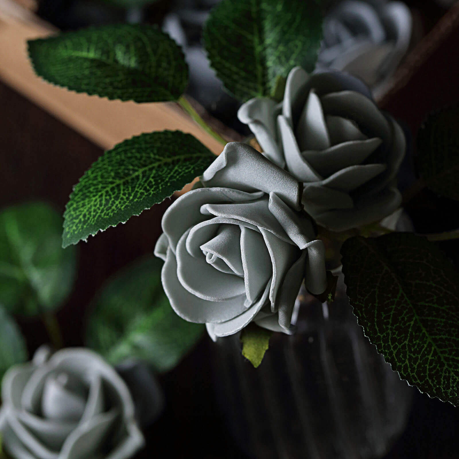 24 Roses 2 Silver Artificial Foam Flowers With Stem Wire and Leaves