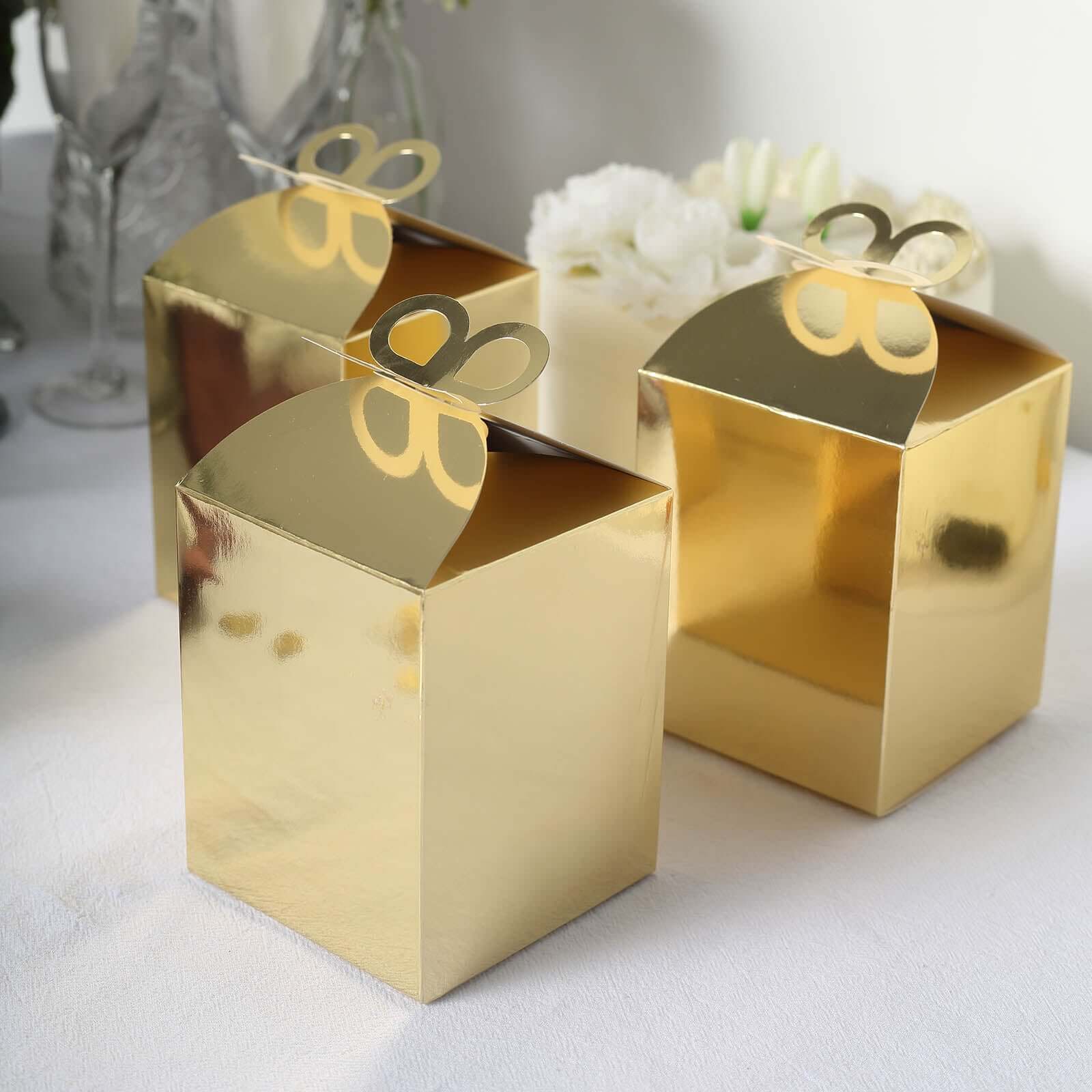 25 Pack Metallic Gold Foil Butterfly Top Premium Party Favor Boxes, Cardstock Candy Gift Boxes - 250 GSM