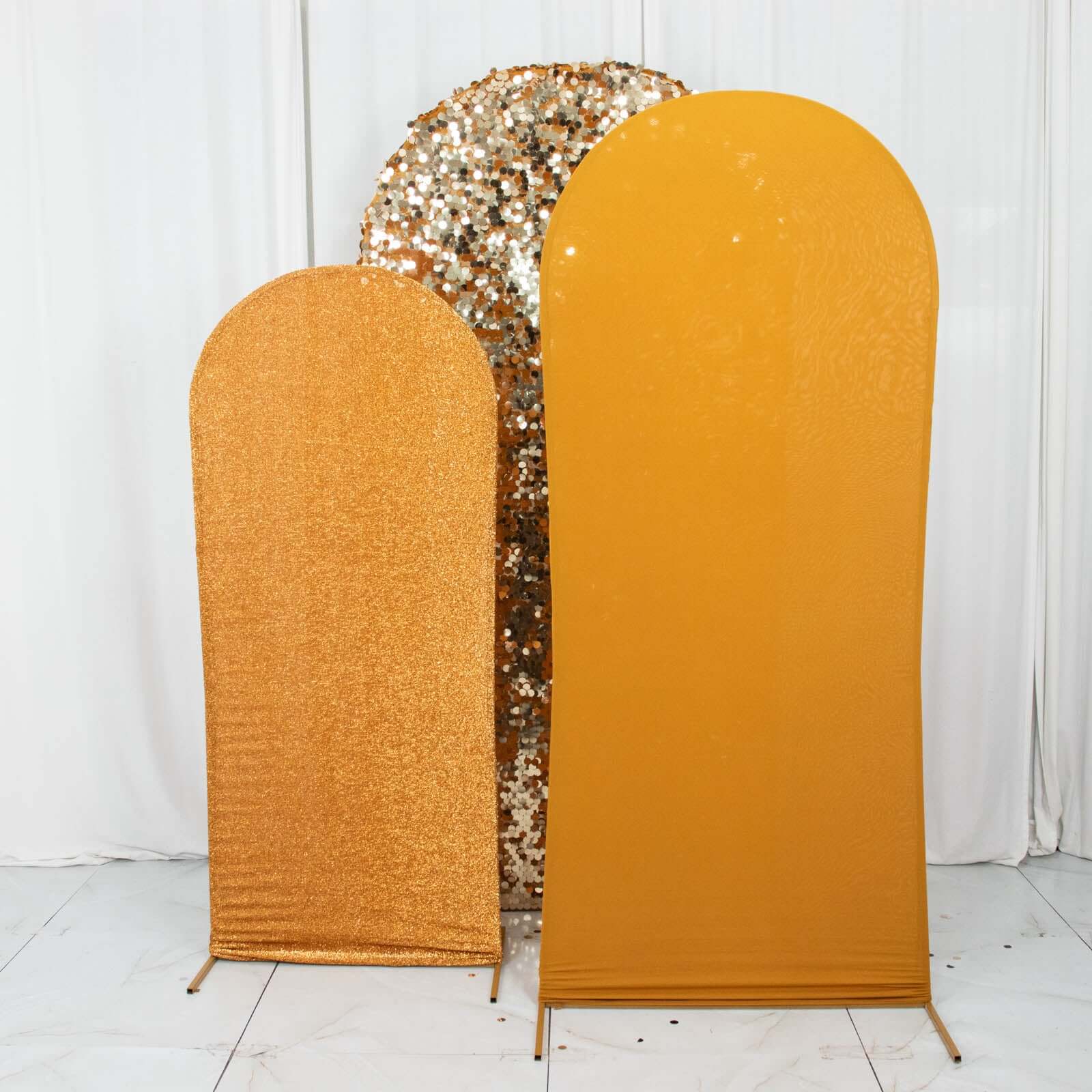 Set of 3 Gold Round Top Fitted Wedding Arch Frame Covers, Big Payette Sequin, Shimmer Tinsel and Matte Spandex Backdrop Stand Covers