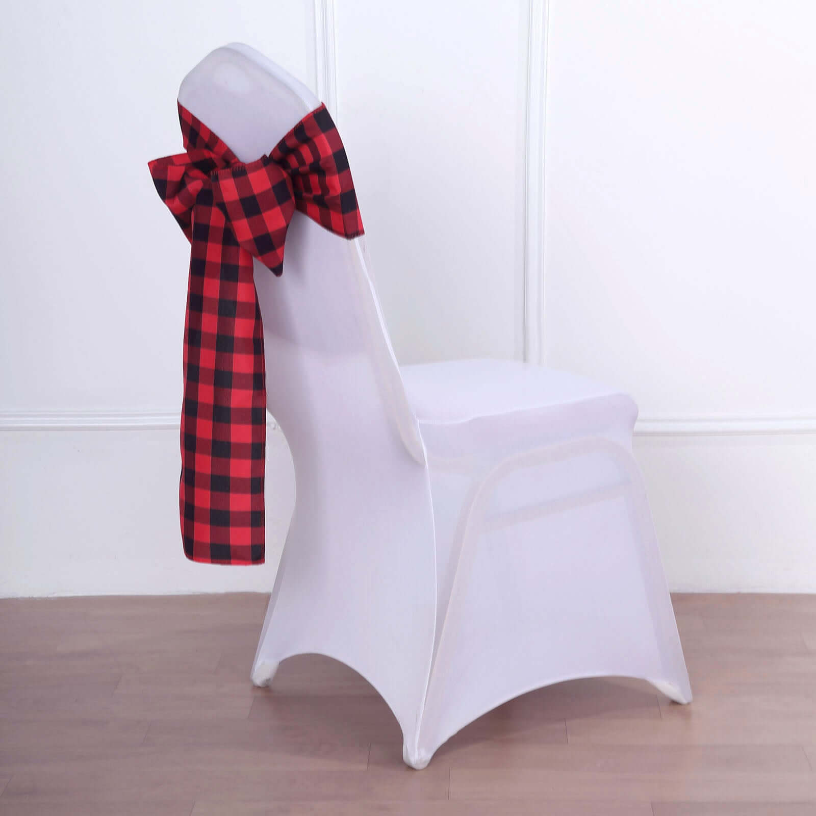 5 Pack Polyester Chair Sashes Black/Red Buffalo Plaid - Durable & Reusable Chair Bows 6x108