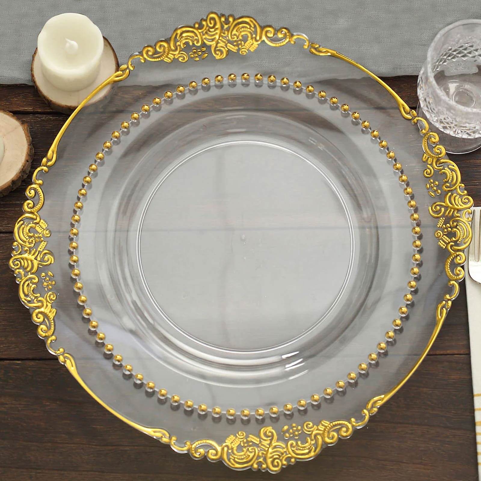 10-Pack Plastic 10 Round Dinner Plates in Clear with Gold Beaded Rim - Disposable Party Plates