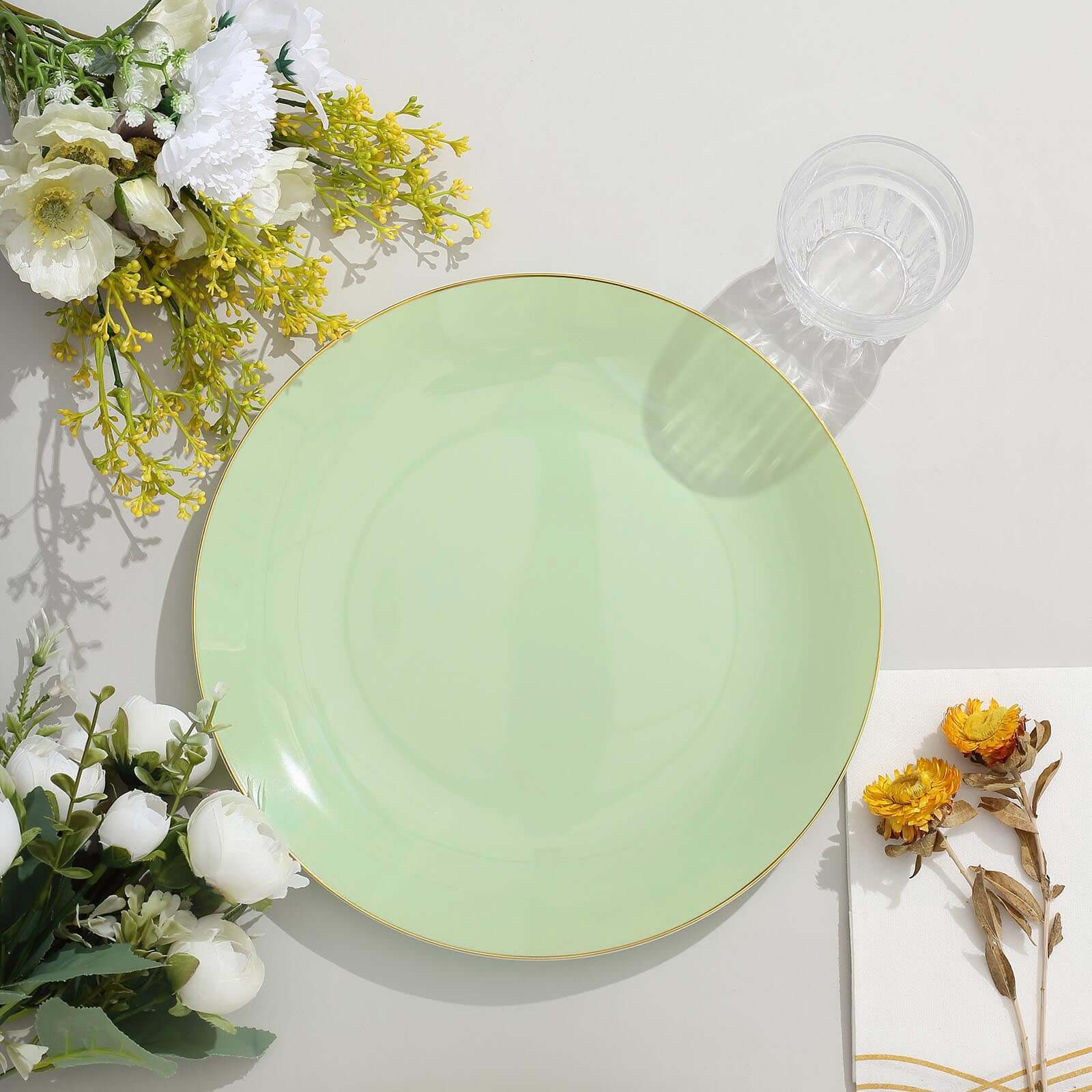 10-Pack Plastic 10 Round Dinner Plates in Sage Green with Gold Rim - Glossy Disposable Party Plates