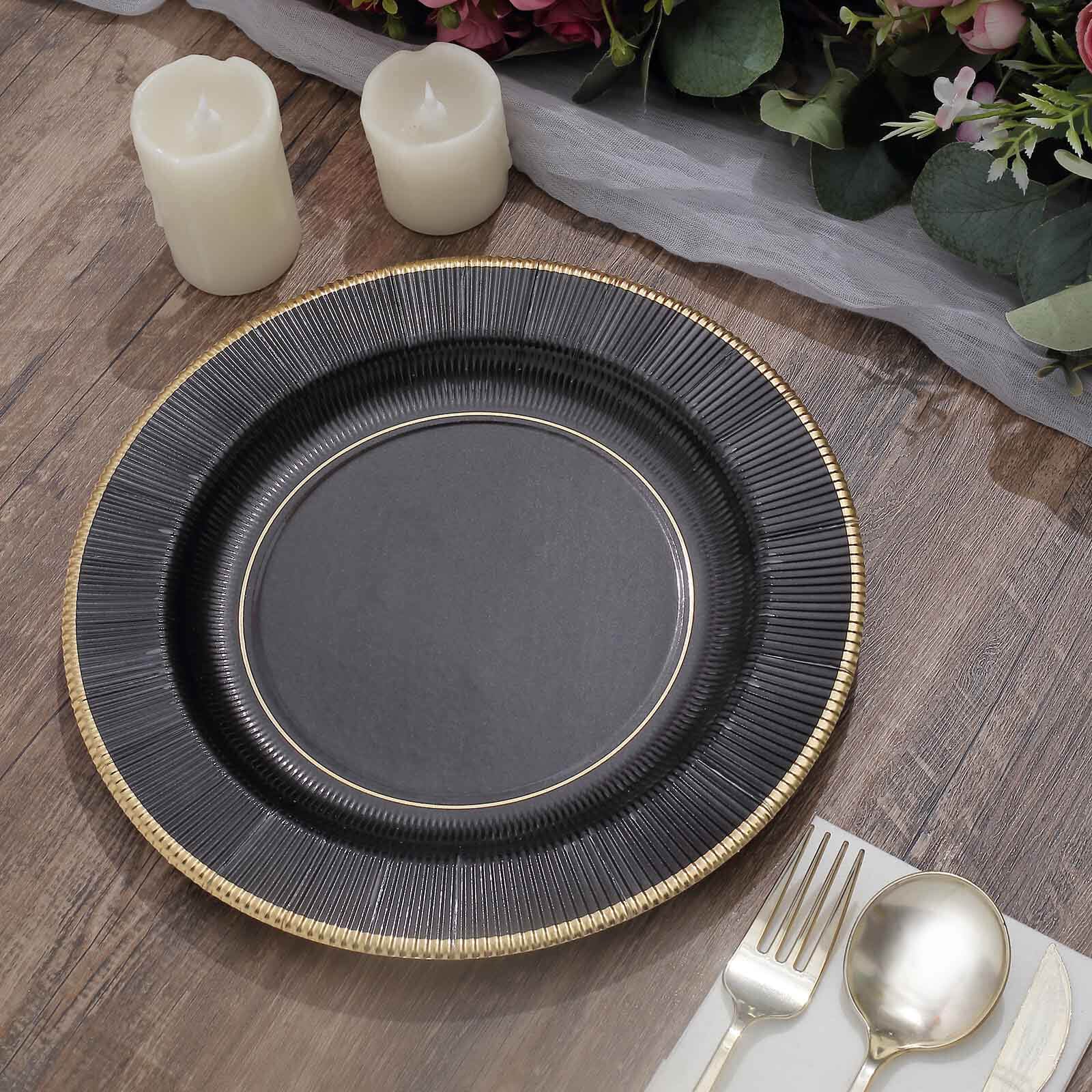 25-Pack Paper 10 Round Dinner Plates in Black Sunray Design with Gold Rim - Disposable Heavy Duty 350GSM Party Plates for Banquets & Celebrations