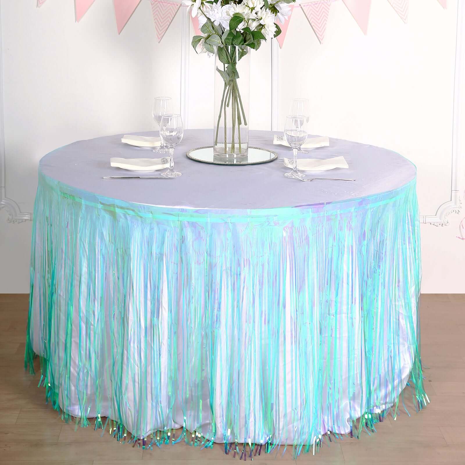 Metallic Foil Fringe Table Skirt Iridescent Blue with Self Adhesive Backing - Durable Tinsel Skirt for Parties 30x9ft