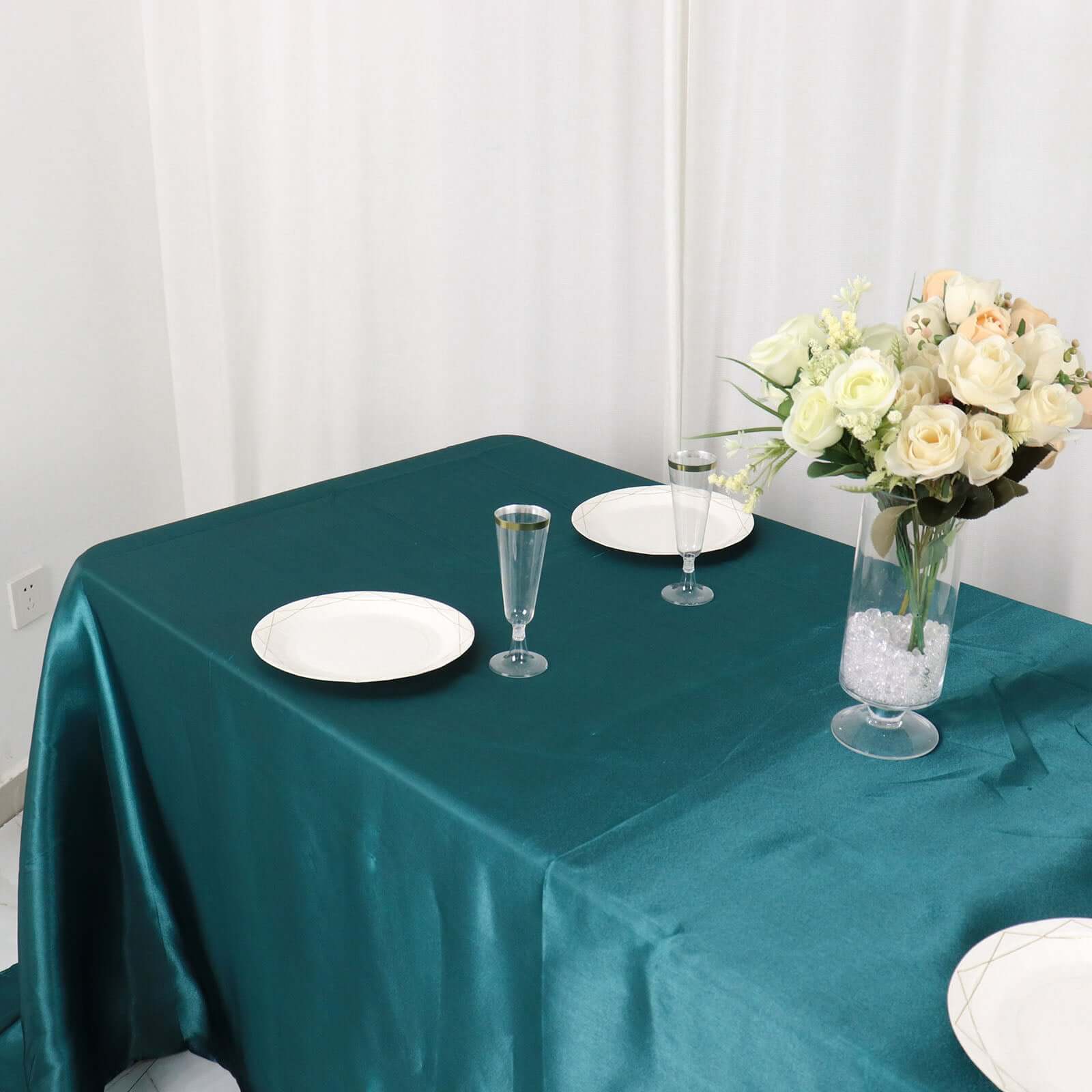 Satin Rectangular 90x132 Tablecloth Peacock Teal Satin - Seamless Table Cover