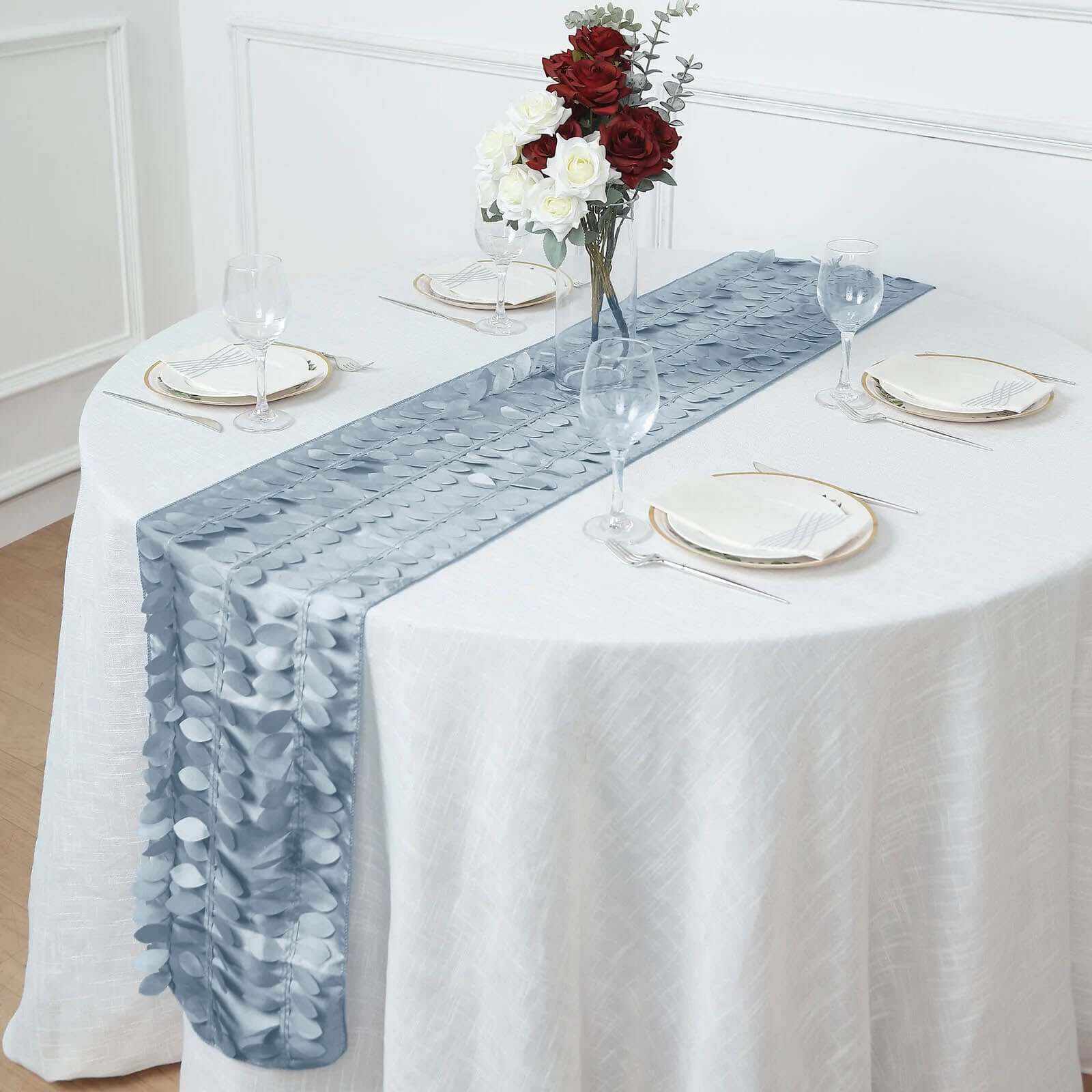 Taffeta Fabric 12x108 Table Runner Dusty Blue - 3D Leaf Petal Design