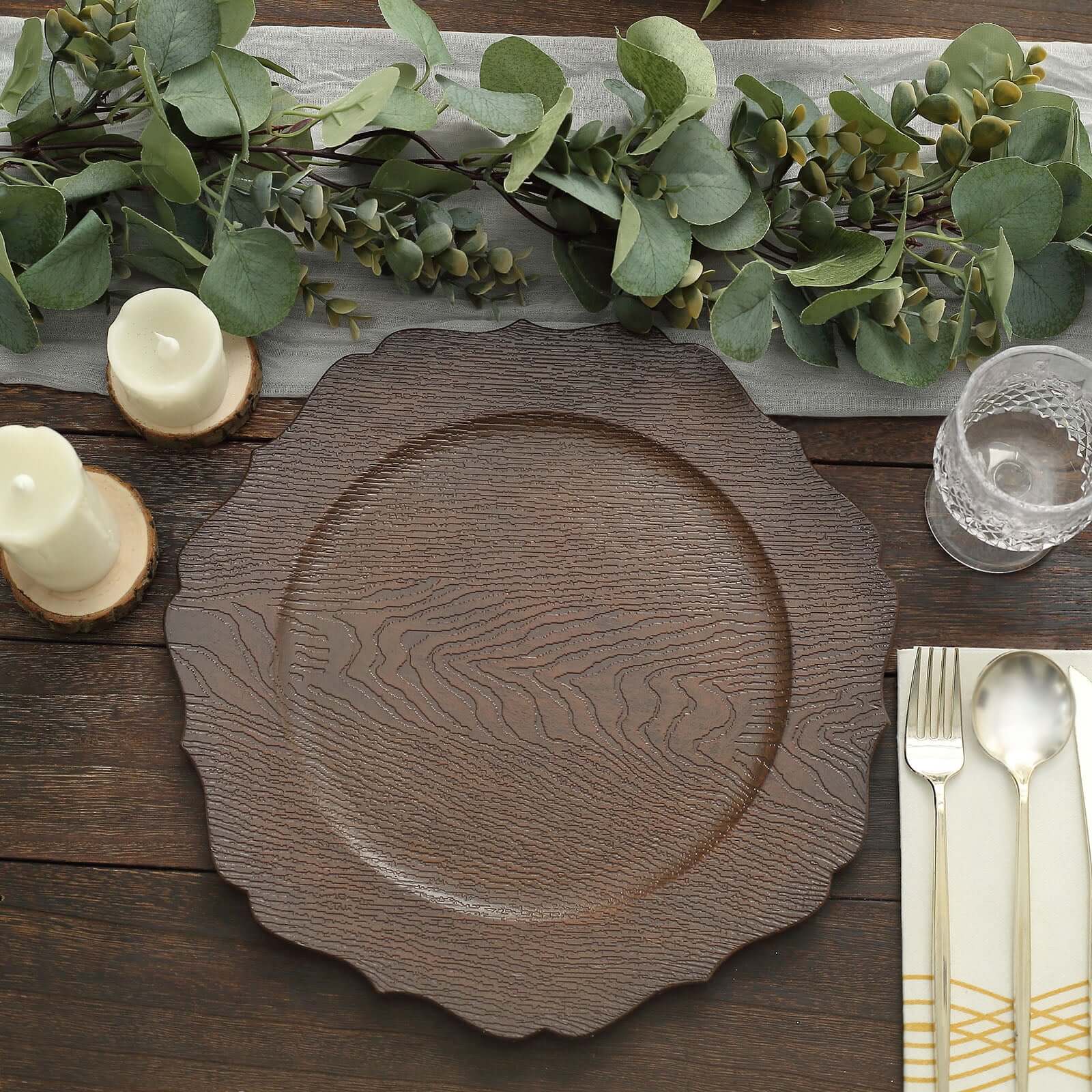 6-Pack Acrylic Round Charger Plates 13 in Rustic Brown with Wood Grain Scalloped Rim, Decorative Dinner Party Charger Tableware