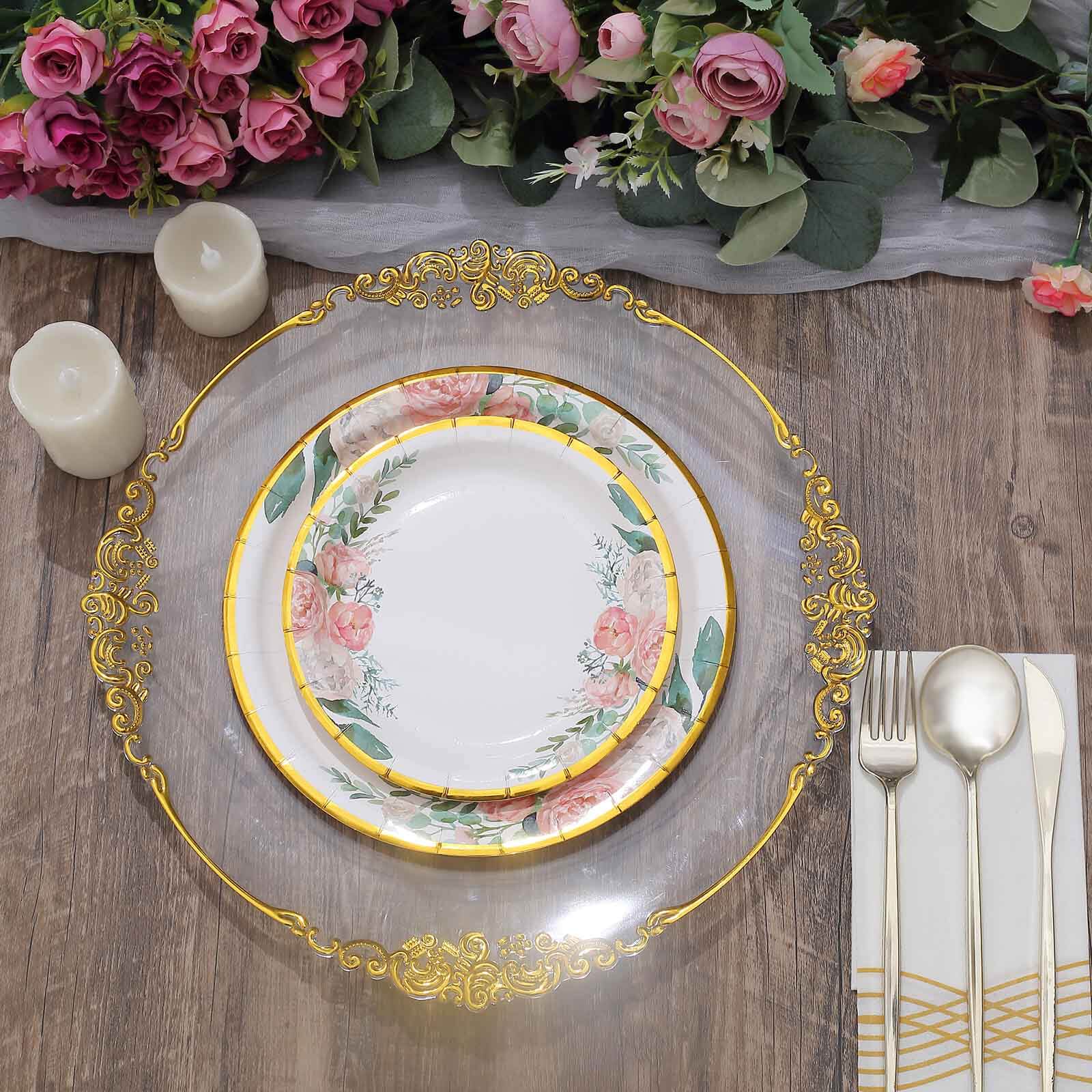 25-Pack Paper 9 Round Dinner Plates White with Peony Floral Design & Gold Rim - Disposable Floral Party Plates for Brunches & Afternoon Teas