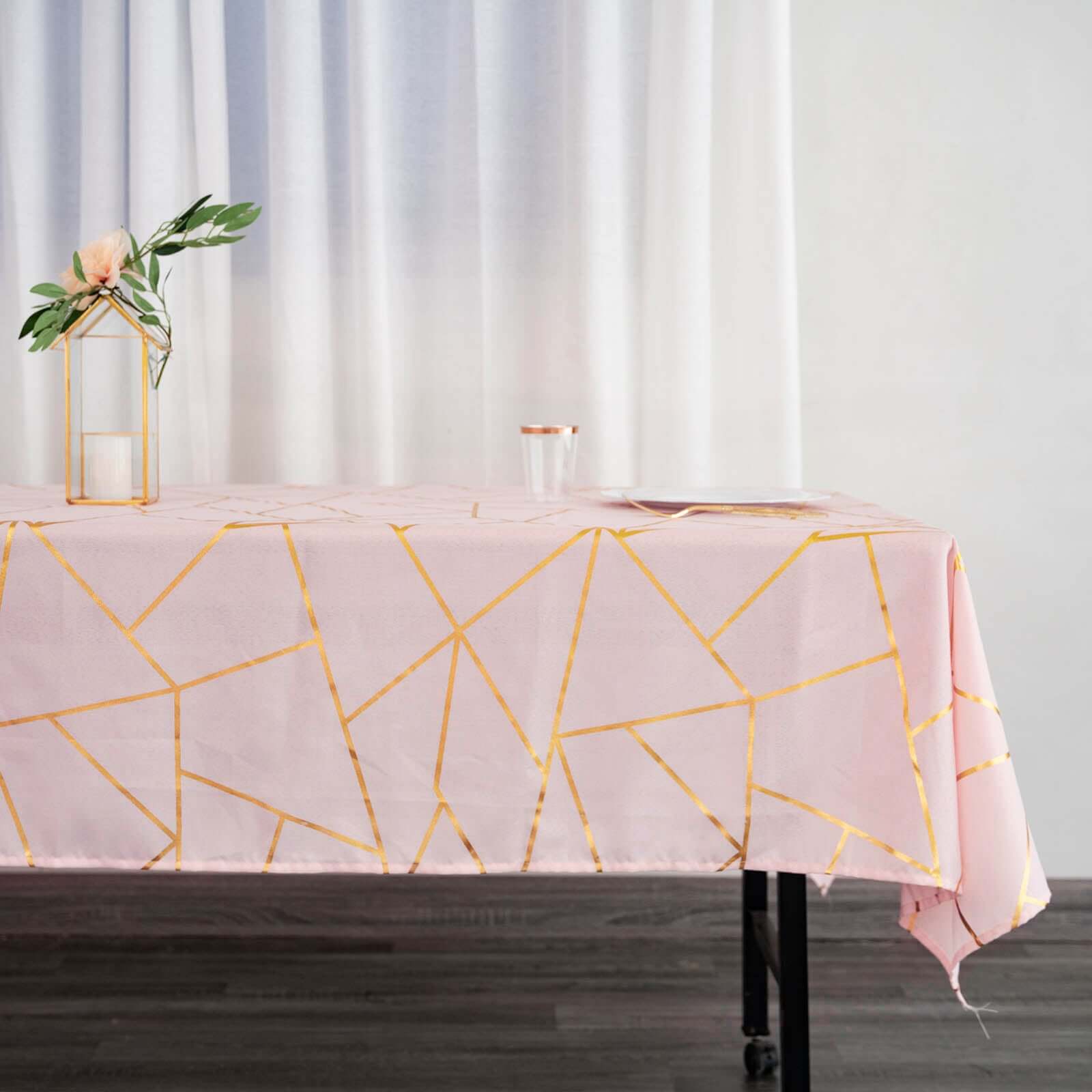 Polyester 60x102 Rectangle Tablecloth Blush with Gold Foil Geometric Pattern - Wrinkle-Resistant & Durable Table Cover