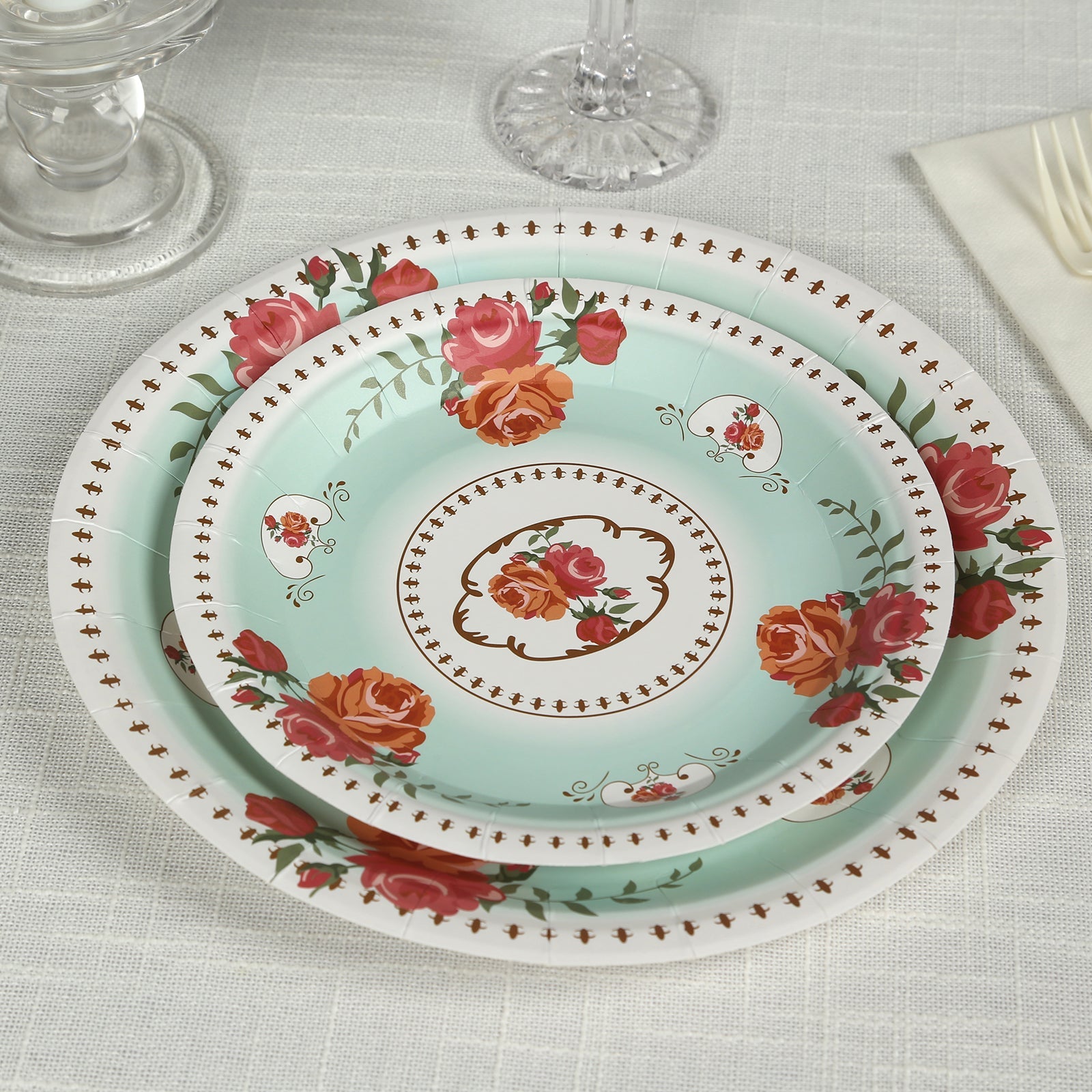 25-Pack Paper 7 Round Dessert Plates in Turquoise with Vintage Rose Flower Print - Disposable Appetizer Salad Plates