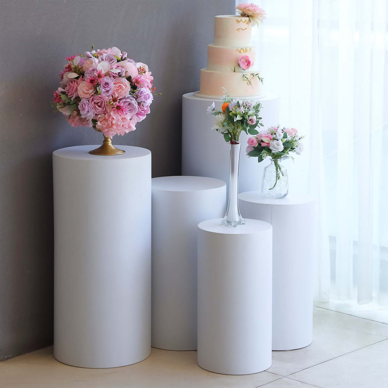 Set of 5 White Metal Cylinder Pillar Prop Stands For Wedding Aisle, Round Plinth Pedestal Display Boxes - 20,22,24,26,30