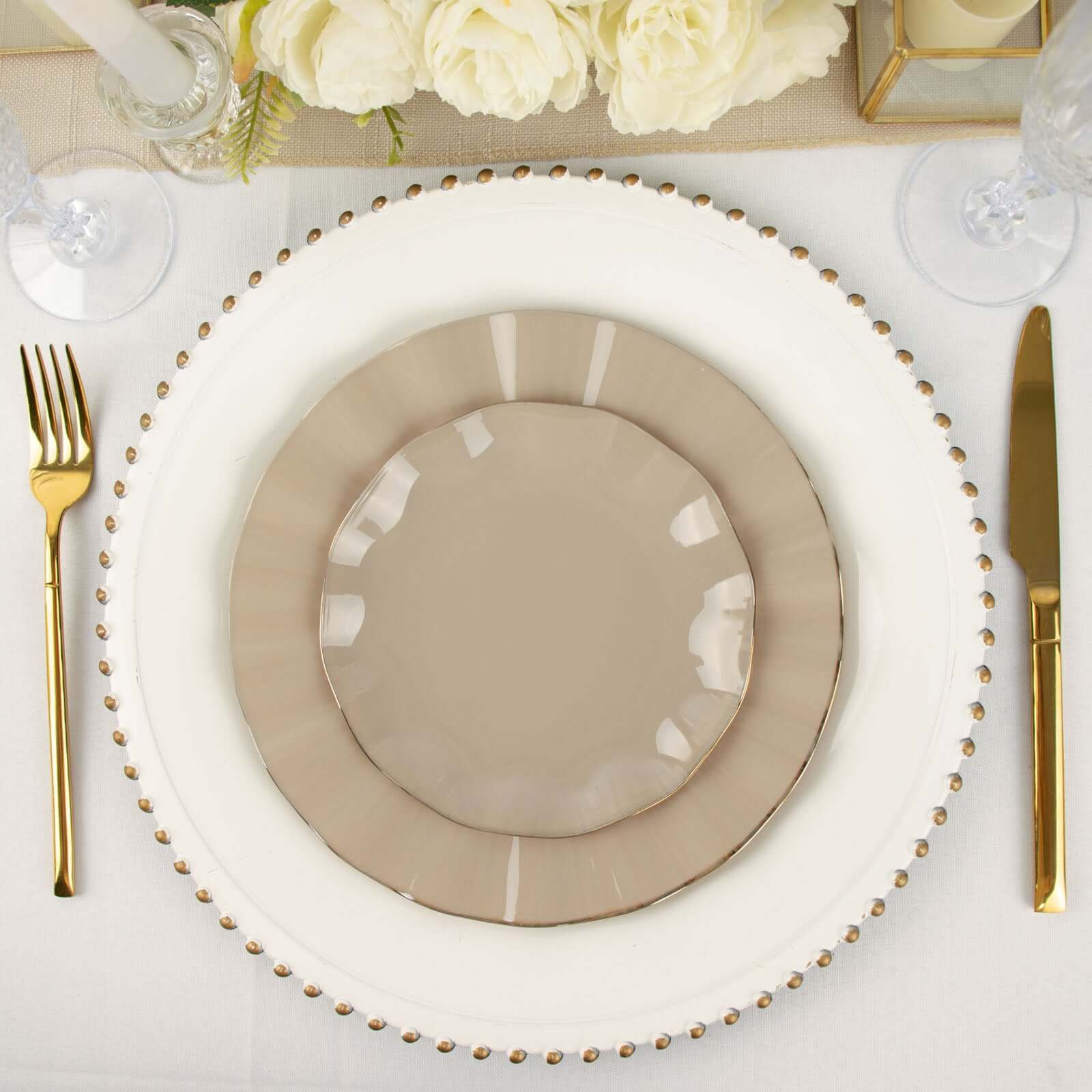 10-Pack Plastic Round 6 Dessert Plates in Taupe Ruffled Rim with Gold Edging - Sturdy Disposable Salad Appetizer Dinnerware