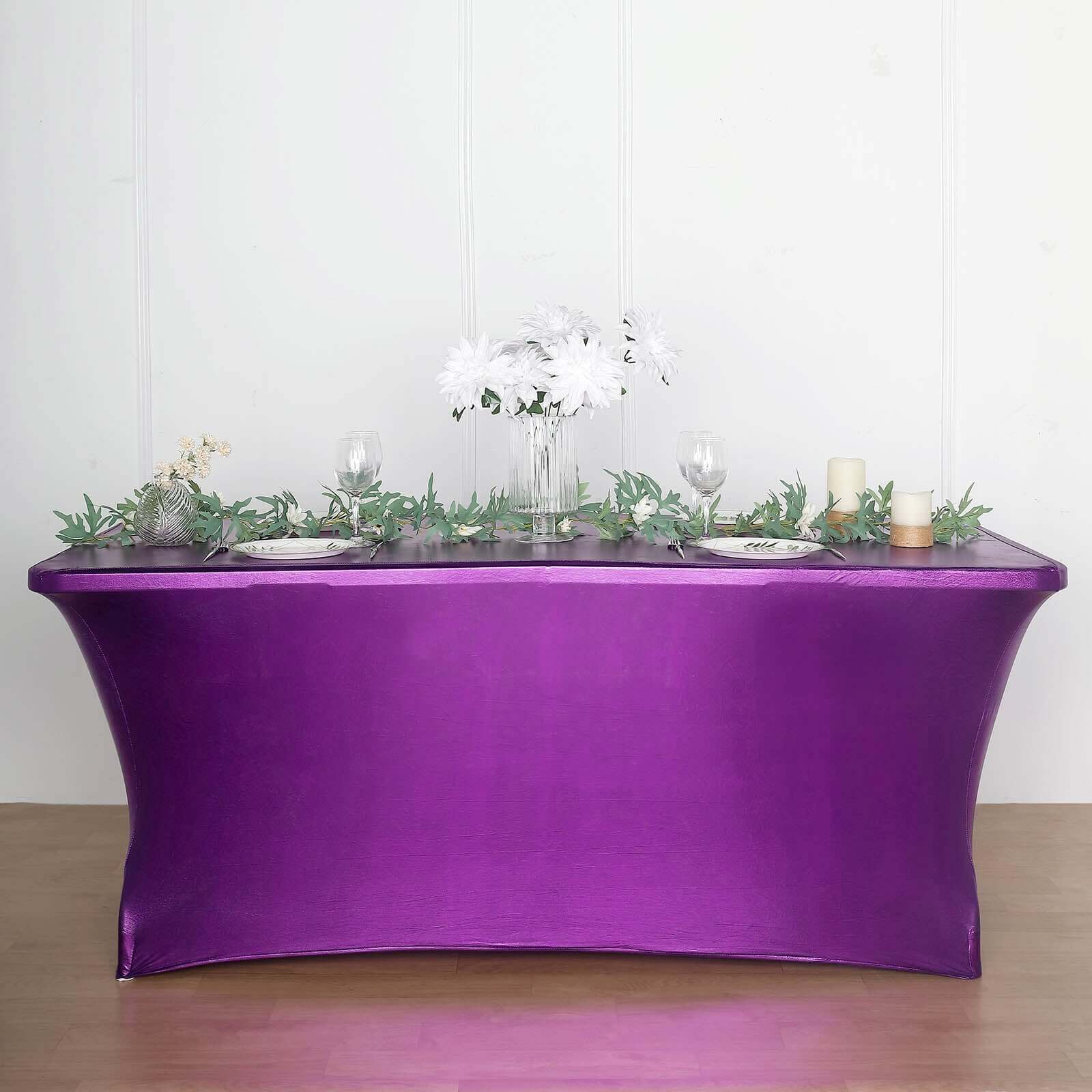 Metallic Purple Stretch Spandex Rectangle Tablecloth 6ft Wrinkle Free Fitted Table Cover for 72x30 Tables