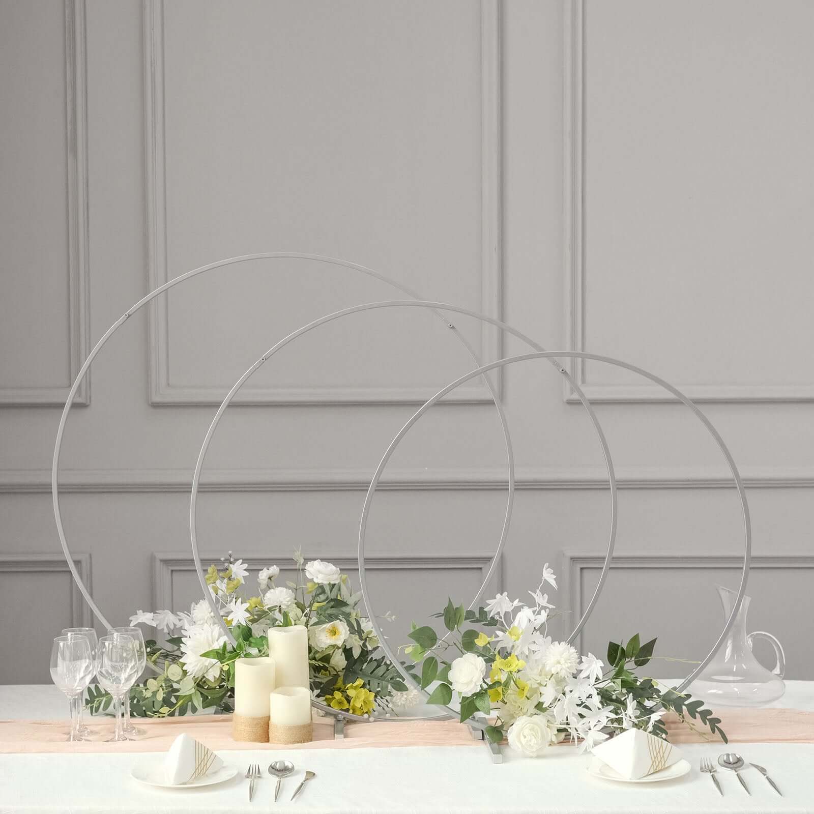 Round Wedding Hoop Table Centerpiece Metal Silver - Self-Standing Floral Wreath Frame for Events 36