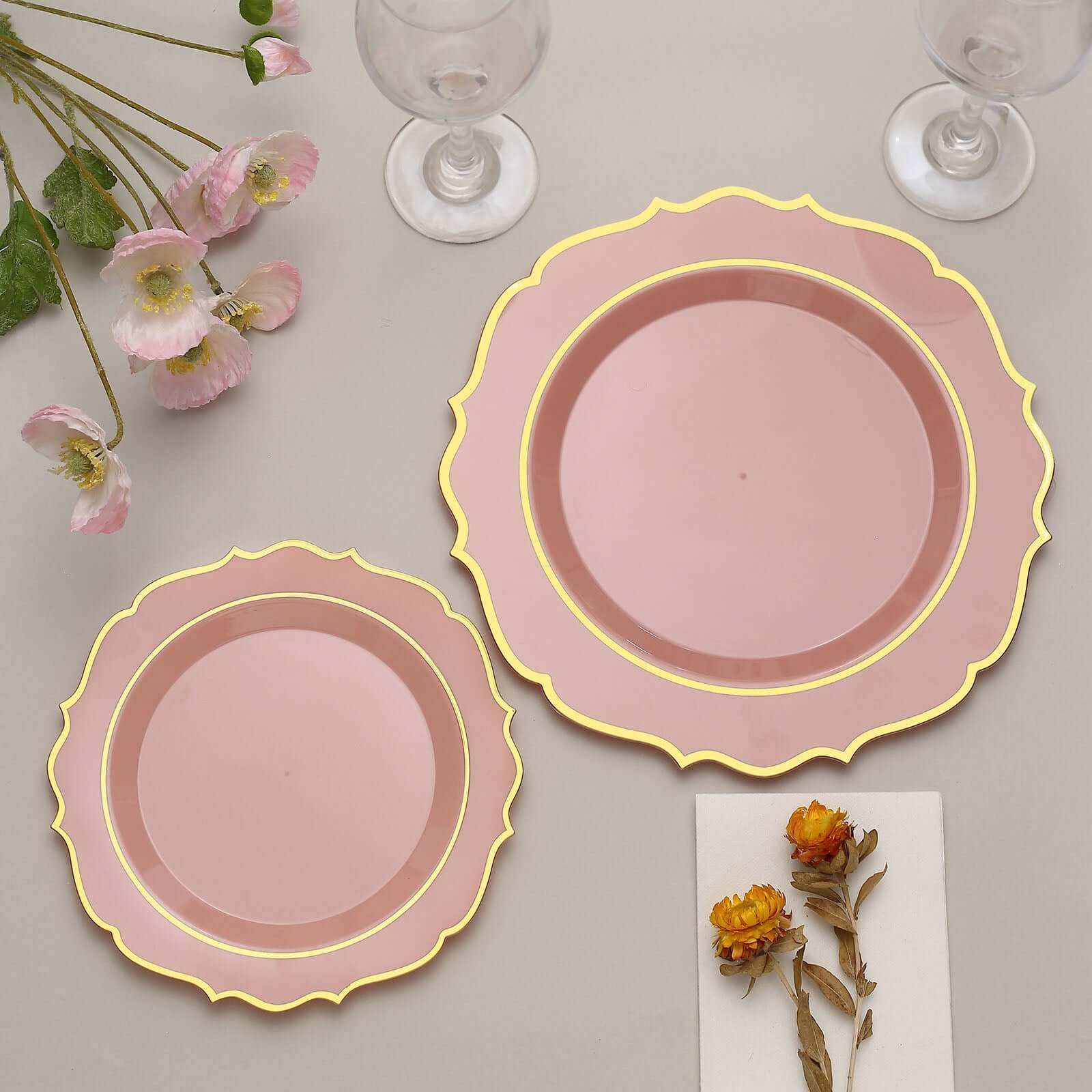 10-Pack Plastic 8 Round Desert Plates in Dusty Rose with Gold Scalloped Rim - Disposable Appetizer/Salad Plates