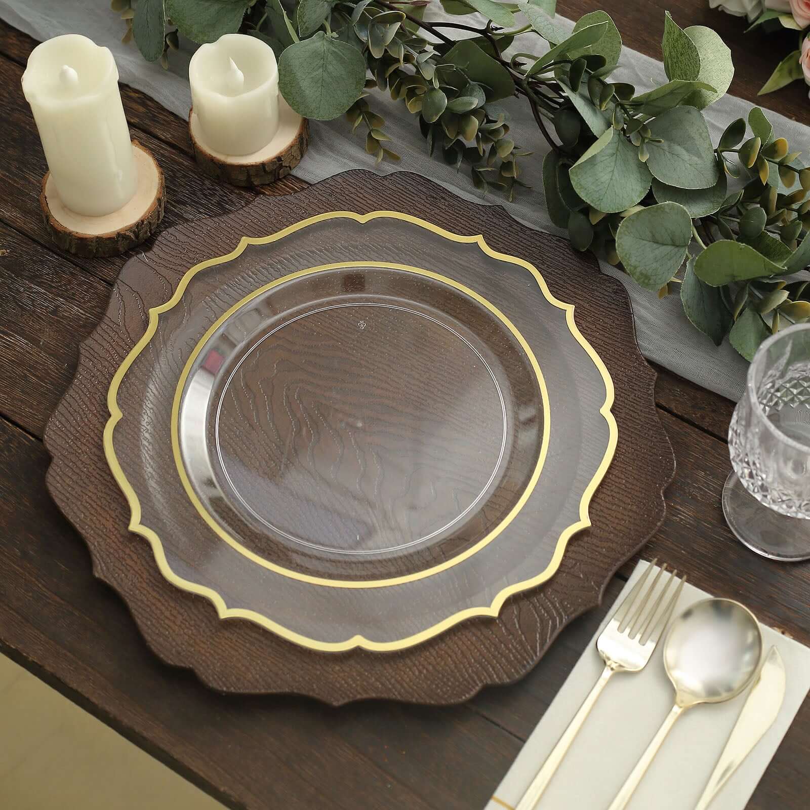 6-Pack Acrylic Round Charger Plates 13 in Rustic Brown with Wood Grain Scalloped Rim, Decorative Dinner Party Charger Tableware