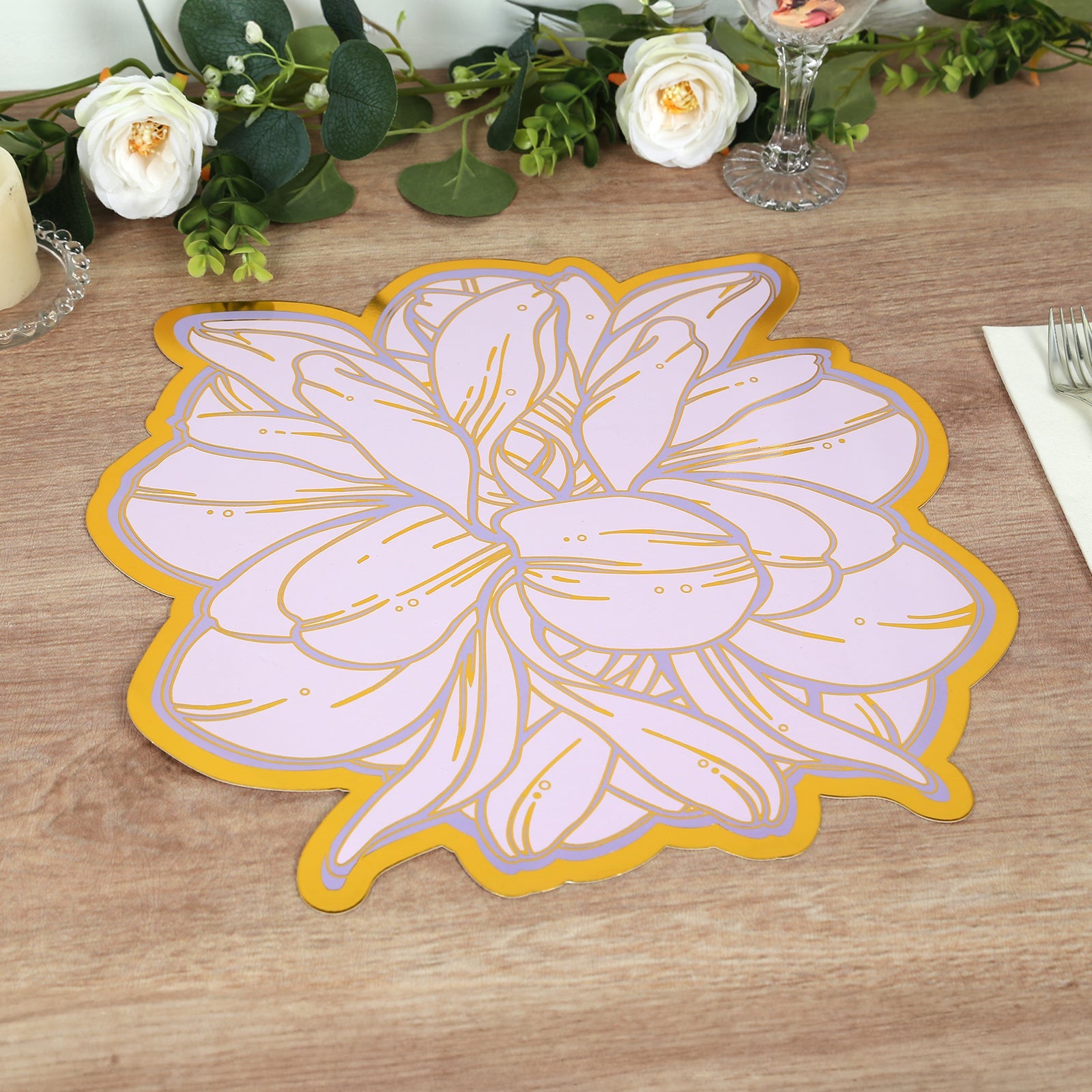 10-Pack Disposable Table Placemats in Lavender with Peony Flower Print & Gold Foil Edges - Lilac 300GSM Floral Cardboard Placemats for Dinner Parties & Gatherings 14