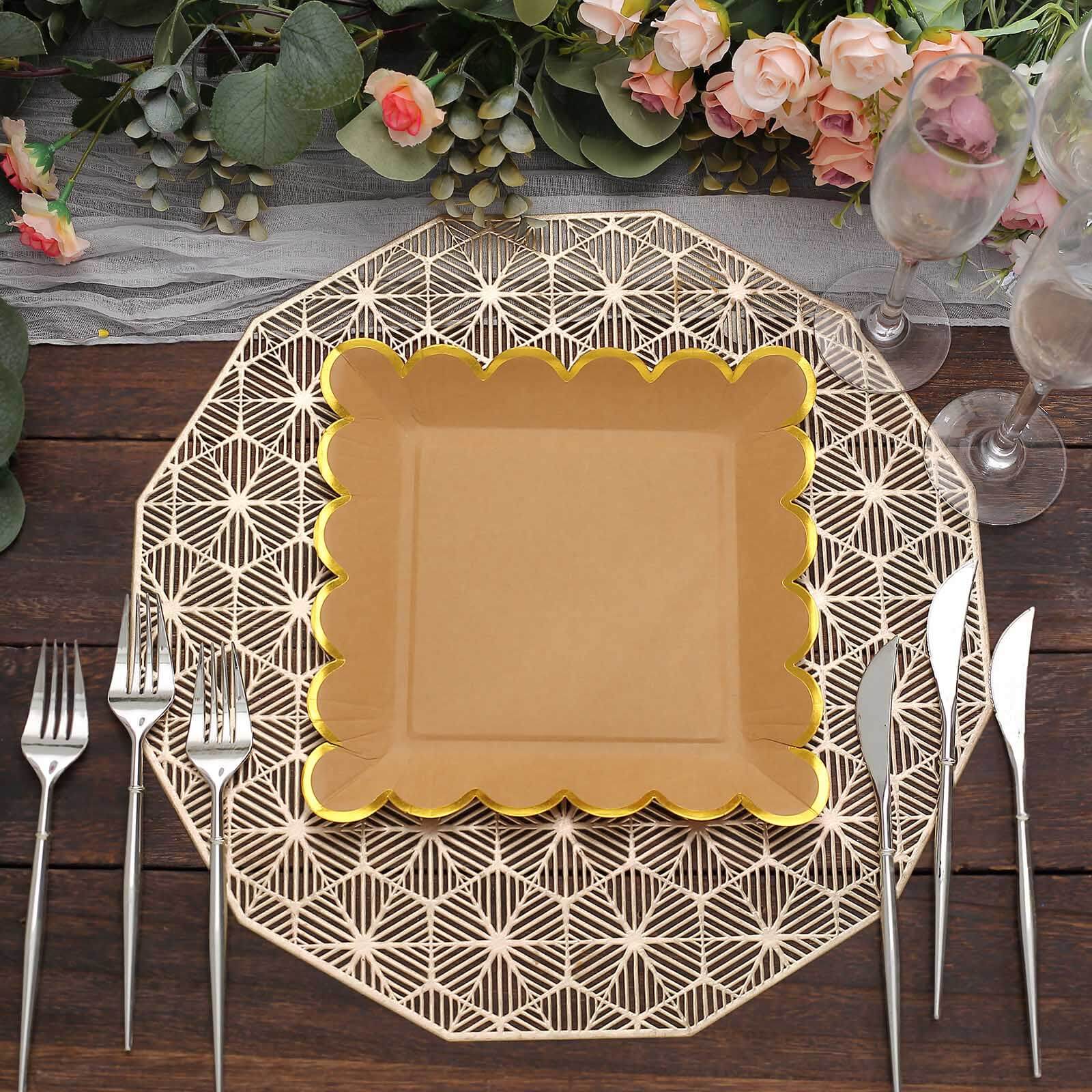 25-Pack Paper 9 Square Dinner Plates in Natural Brown with Gold Scalloped Rim - Disposable Party Plates for Rustic Gatherings & Chic Events