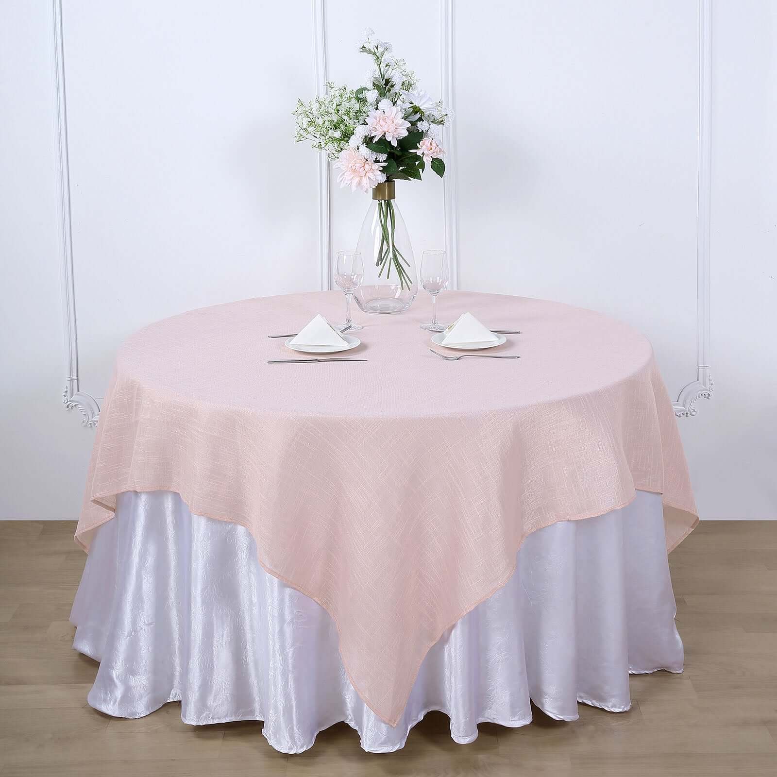 Linen 72x72 Table Overlay Square Tablecloth Blush - Slubby Textured Wrinkle-Resistant Design for Stylish Occasions