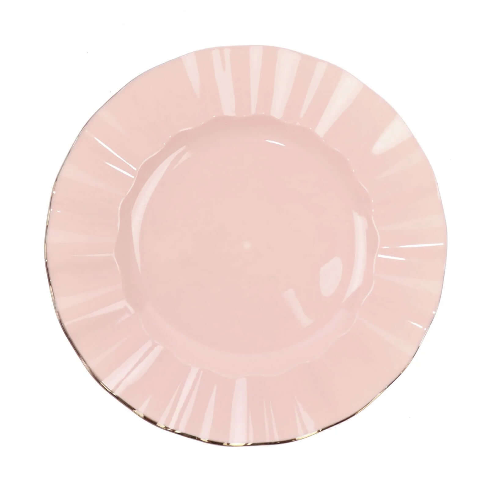 10-Pack Plastic 11 Round Dinner Plates in Blush Ruffled Rim with Gold Edging - Sturdy Disposable Dinnerware