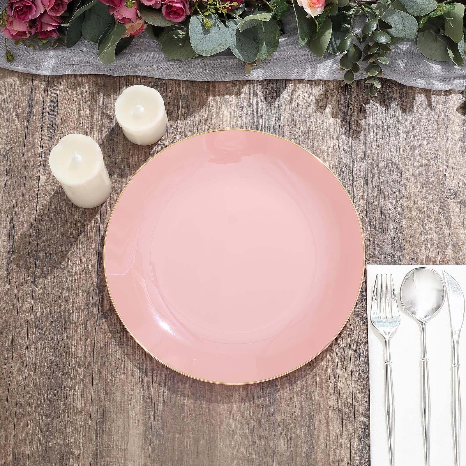 10-Pack Plastic 10 Round Dinner Plates in Dusty Rose with Gold Rim - Glossy Disposable Party Plates