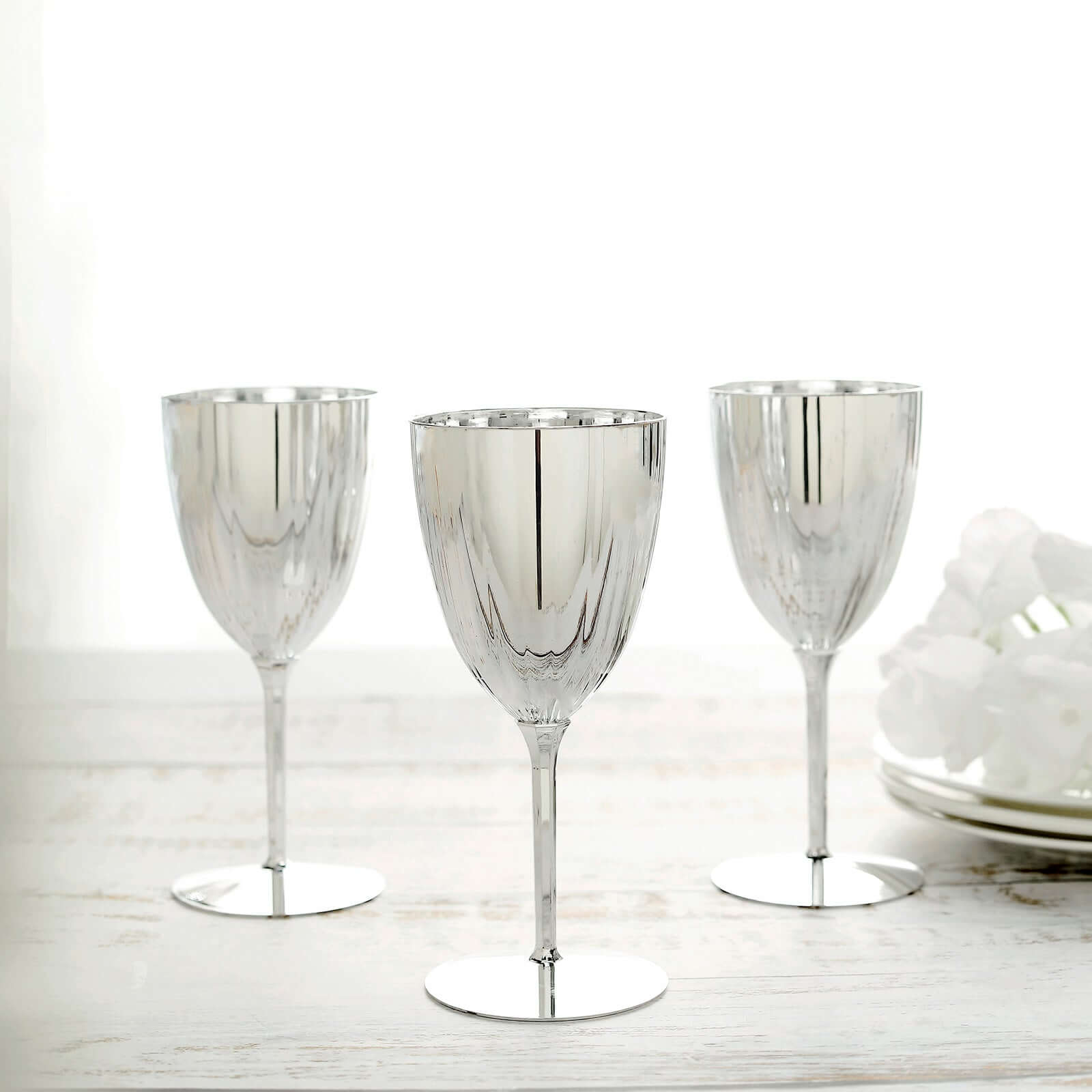 6-Pack Plastic Wine Glasses in Metallic Silver - Classy Disposable Goblets for Parties, Receptions & Banquets 8oz