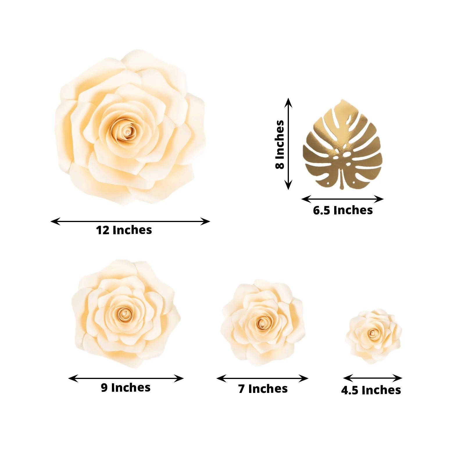 Set of 9 Ivory 3D Rose Paper Flowers with Gold Tropical Palm Leaves, Party Flower Backdrop Hanging Wall Decor