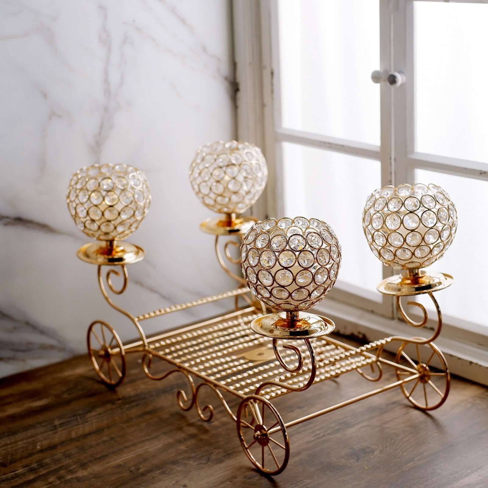 Candle Holder 4-Arm Gold Metal Crystal Cinderella Carriage Wedding Centerpiece - Decorative Display 18