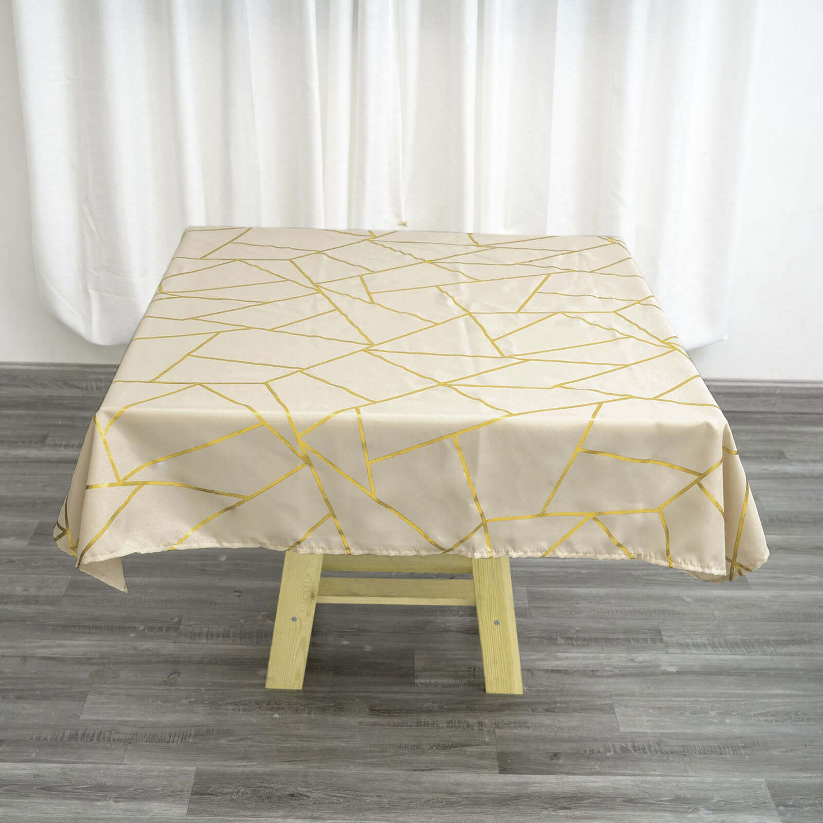 Polyester 54x54 Square Tablecloth Beige with Gold Foil Geometric Pattern - Wrinkle-Resistant & Durable Table Cover