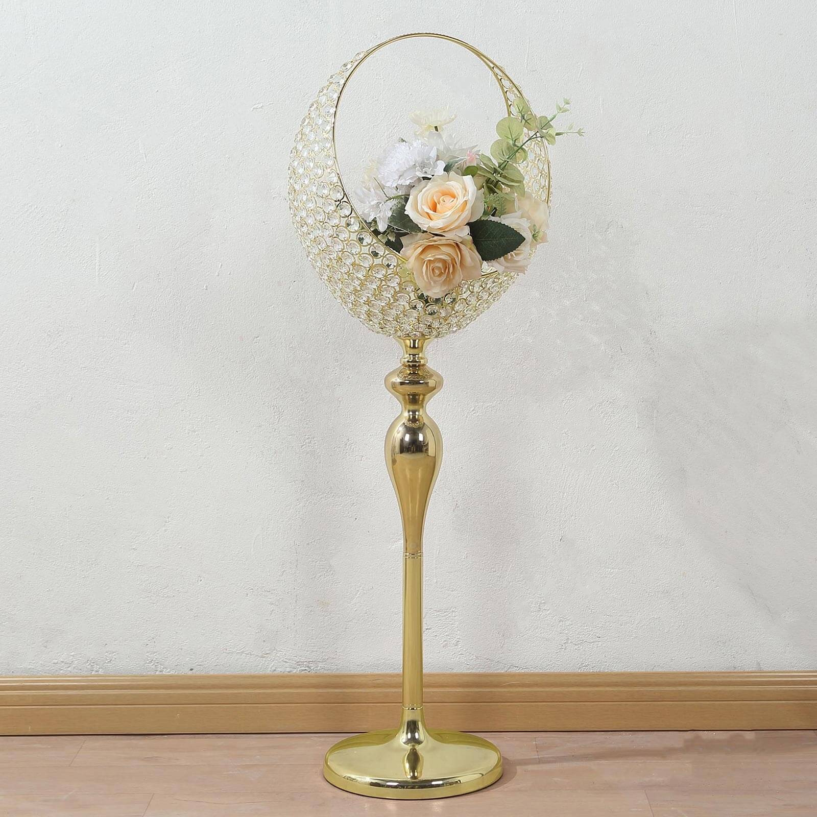 Metal Crystal Beaded Candle Holder Stand, Half Moon Basket Design Gold Wedding Flower Centerpiece with Round Stable Base 3ft Tall