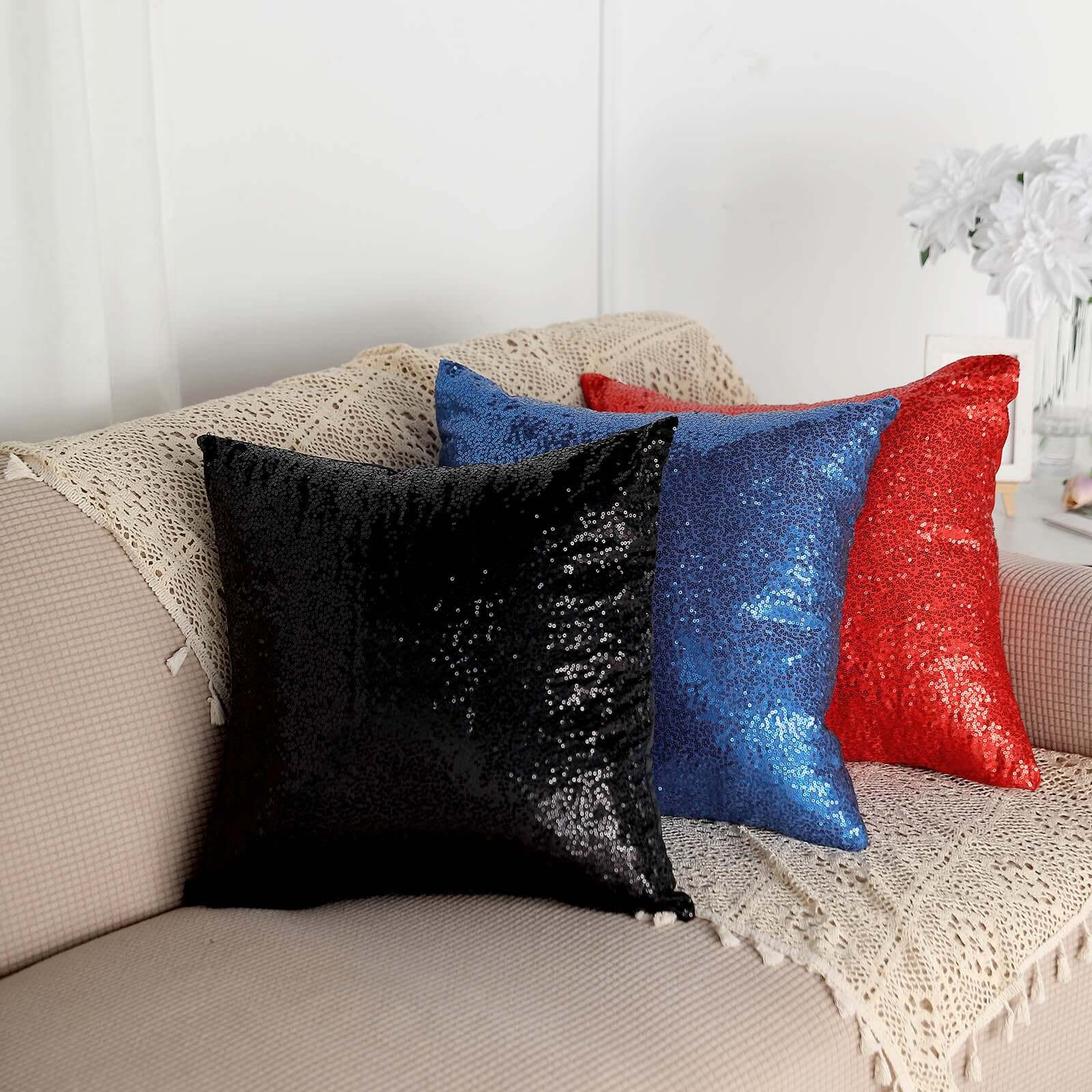 2 Pack 18x18 Sequin Throw Pillow Cover, Decorative Cushion Case - Square Black Sequin