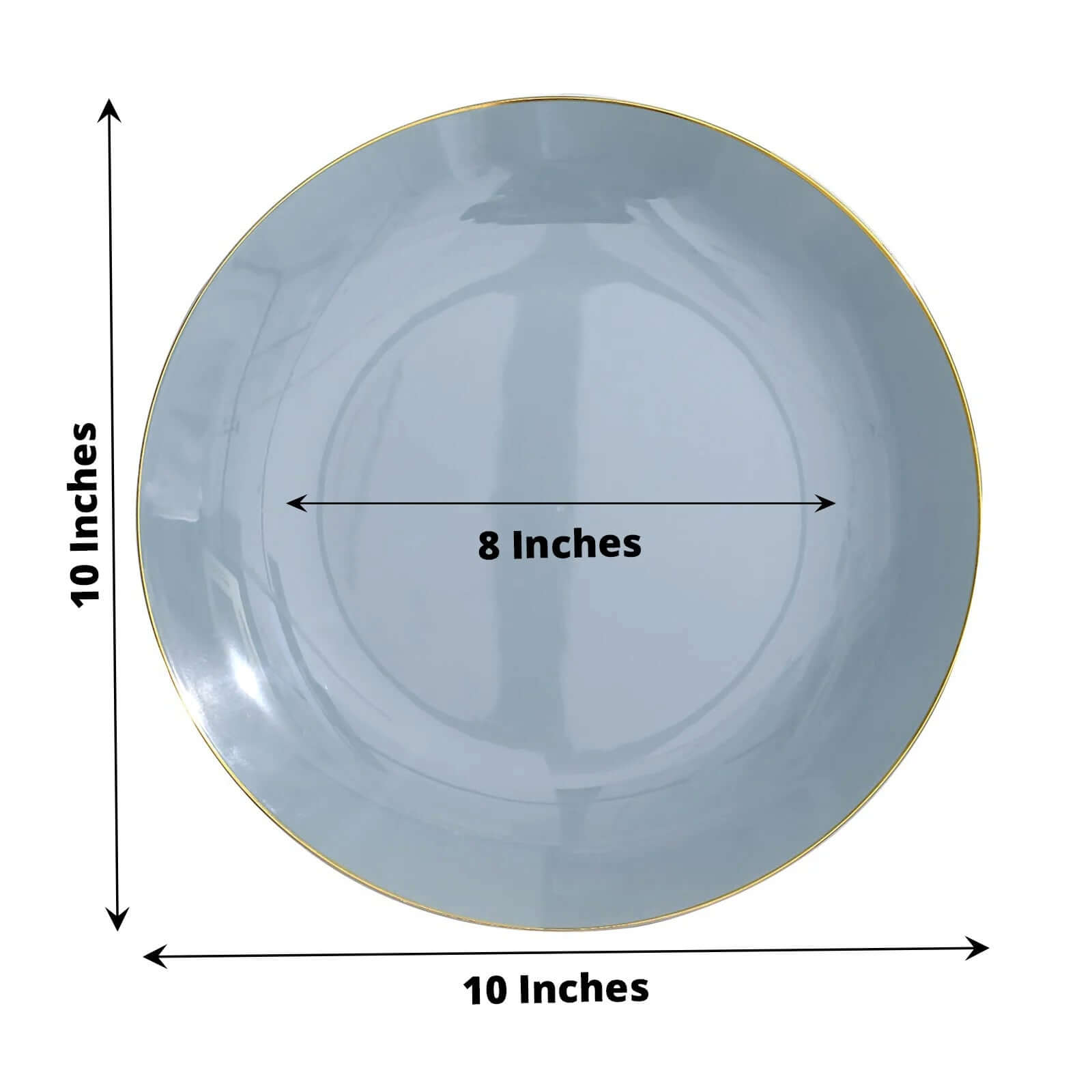 10-Pack Plastic 10 Round Dinner Plates in Dusty Blue with Gold Rim - Glossy Disposable Party Plates