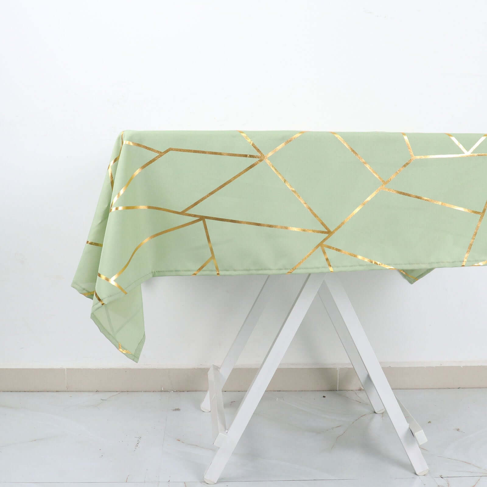 Polyester 54x54 Square Tablecloth Sage Green with Gold Foil Geometric Pattern - Wrinkle-Resistant & Durable for Stylish Settings