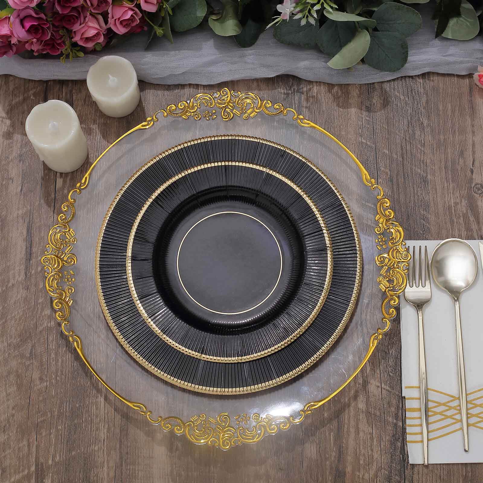 25-Pack Paper 10 Round Dinner Plates in Black Sunray Design with Gold Rim - Disposable Heavy Duty 350GSM Party Plates for Banquets & Celebrations