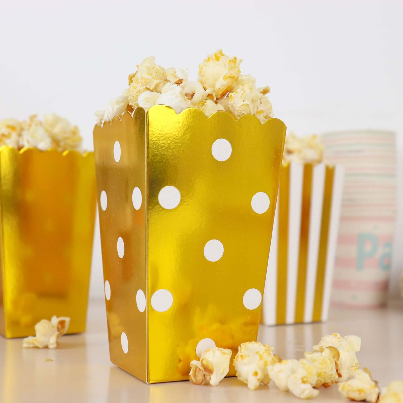 36 Pack 5 White Gold Design Mini Paper Popcorn Boxes, Candy Favor Disposable Bags - Stripe, Polka Dot, Solid Style